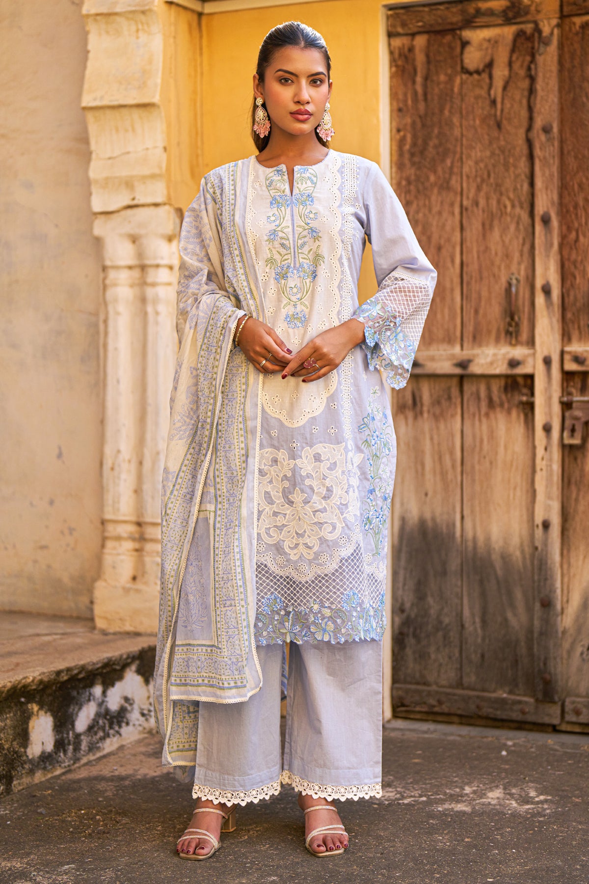 Blue Cotton Embroidered Suit Set