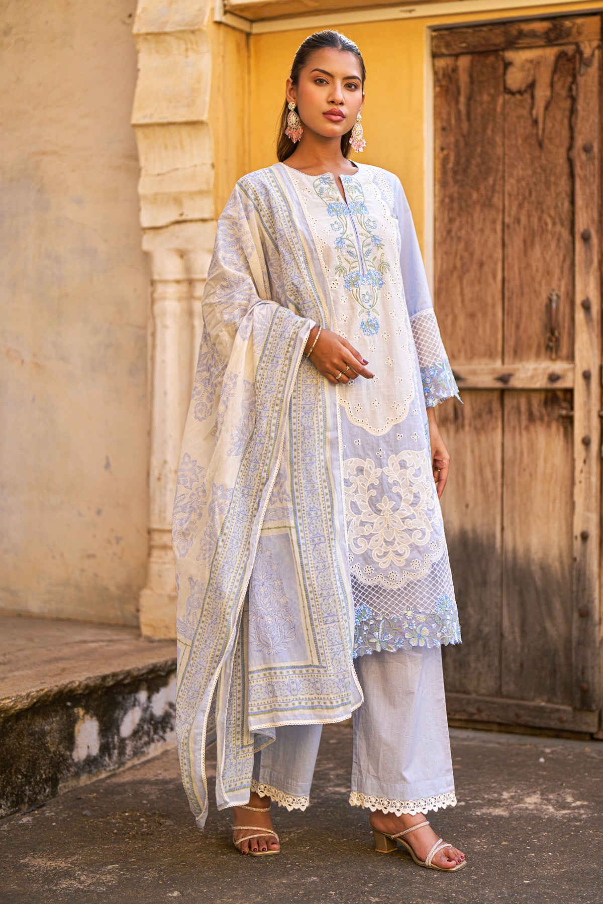 Blue Cotton Embroidered Suit Set