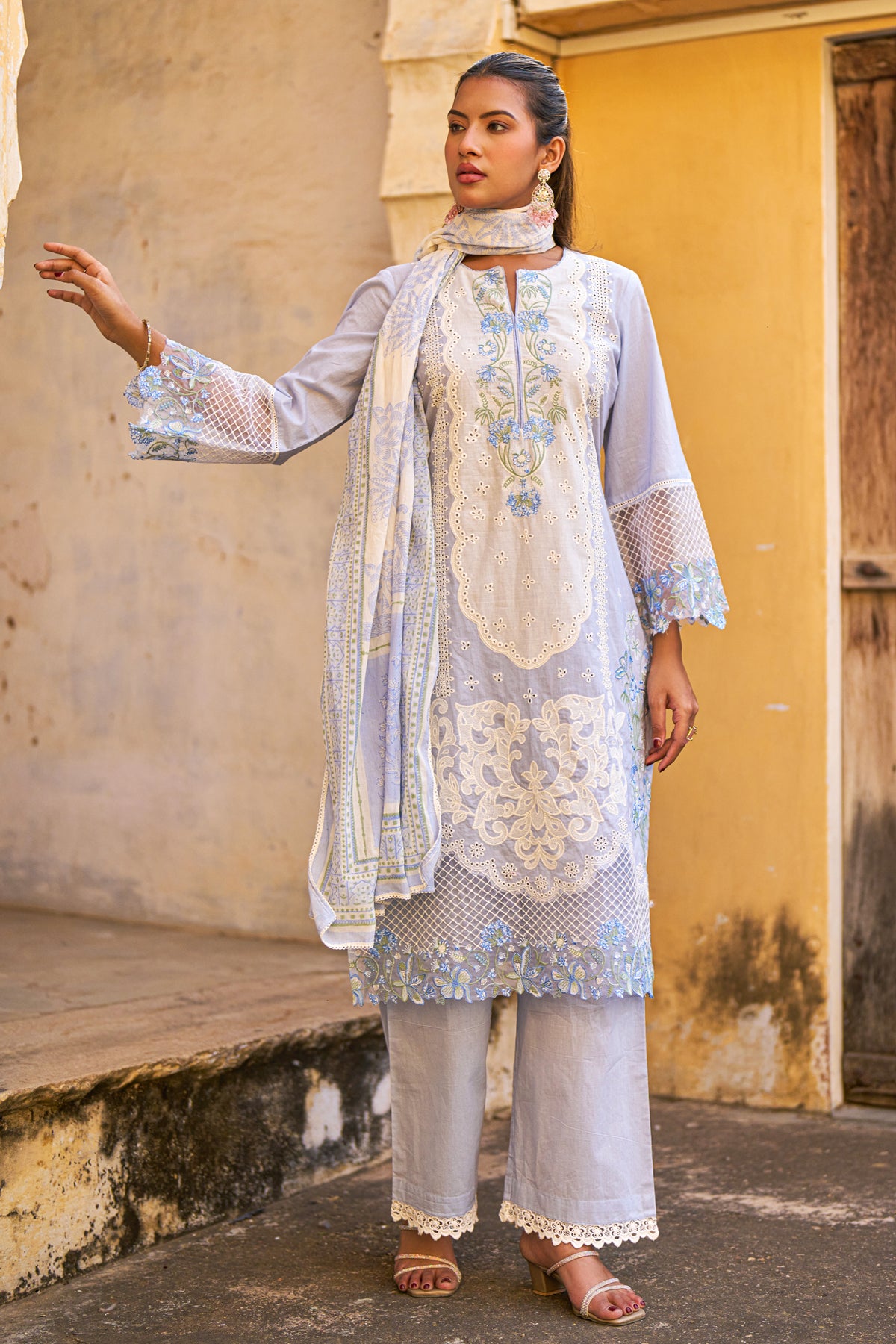 Blue Cotton Embroidered Suit Set