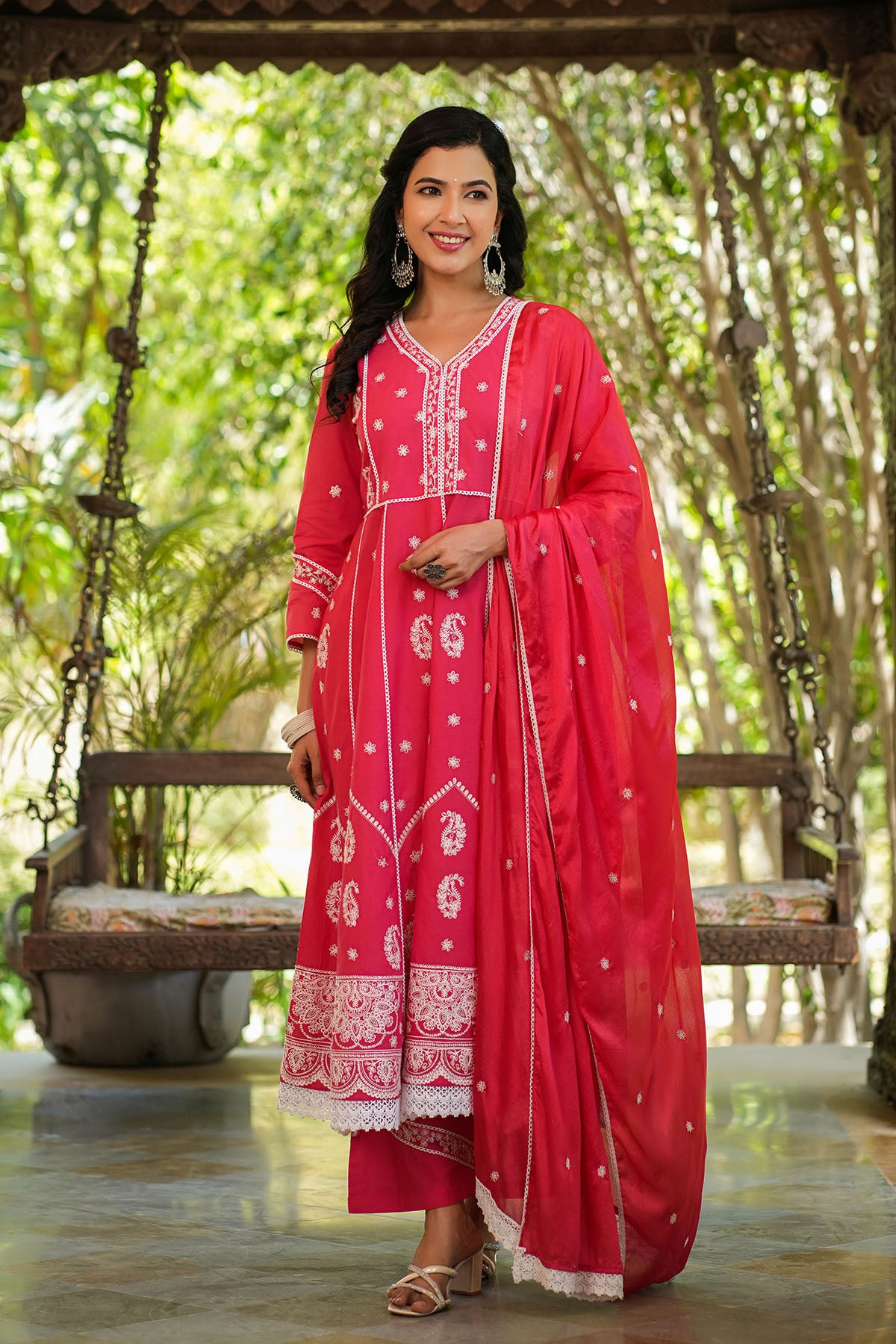 Red Cotton Embroidered Anarkali Suit