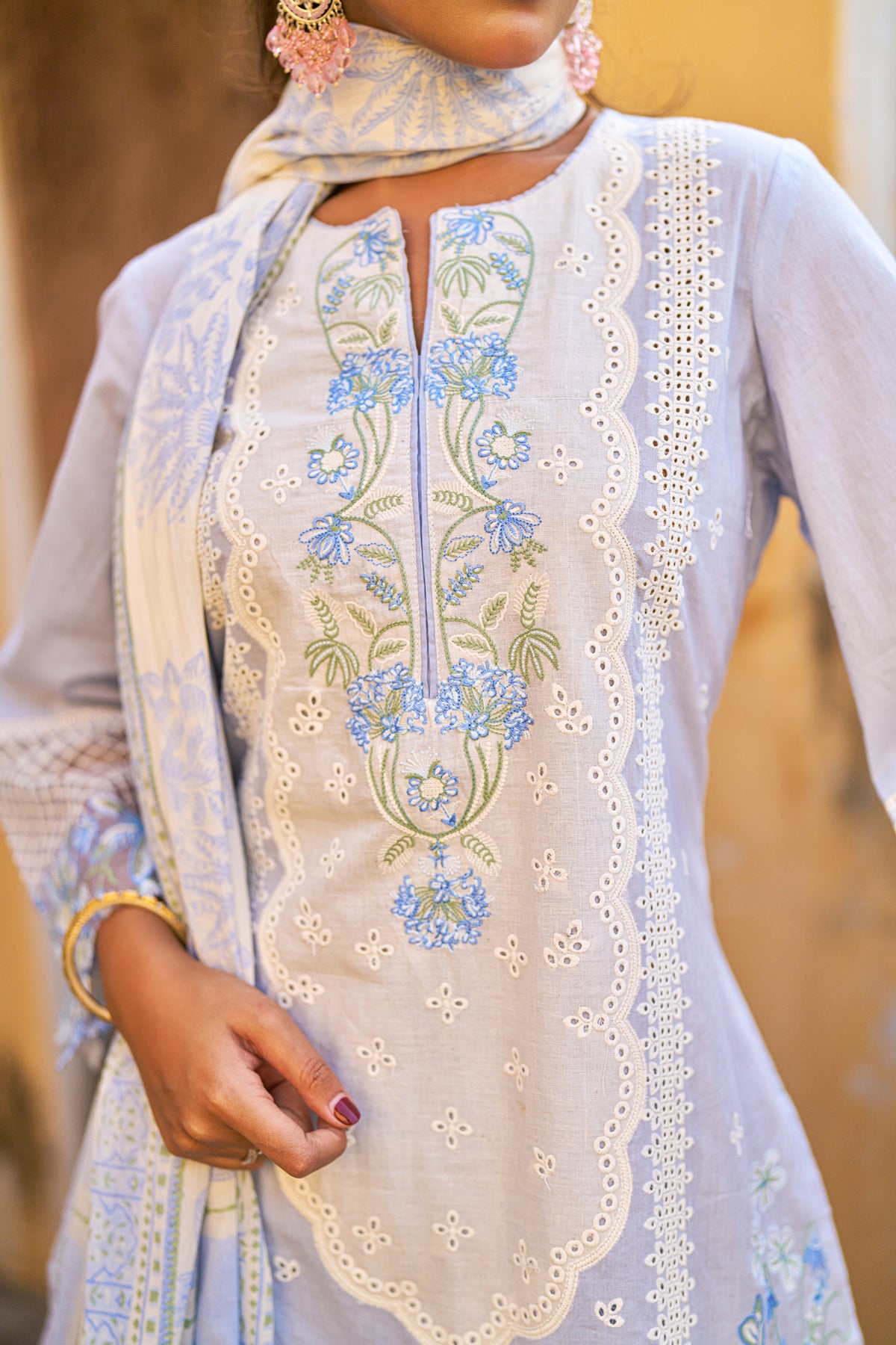 Blue Cotton Embroidered Suit Set