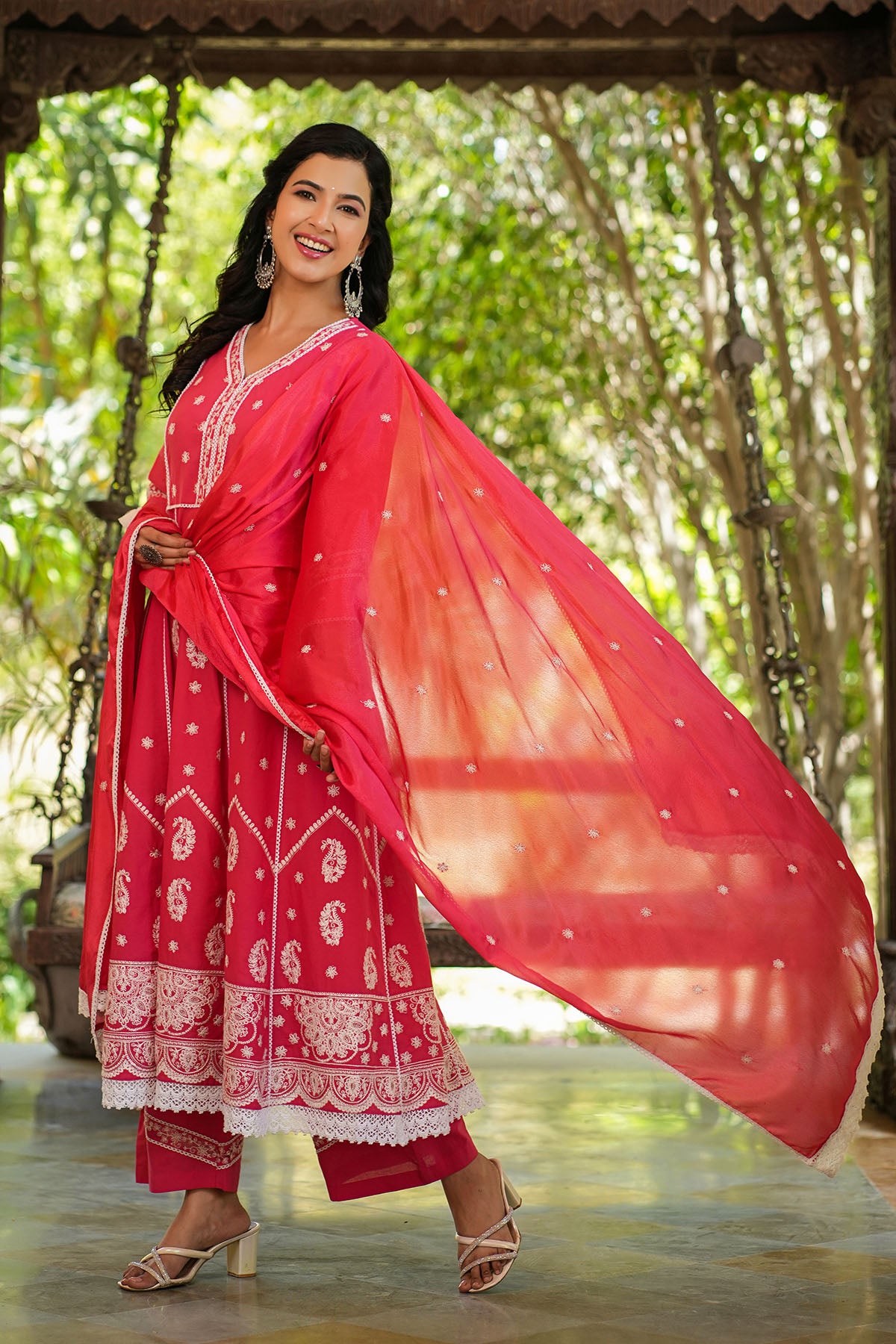Red Cotton Embroidered Anarkali Suit