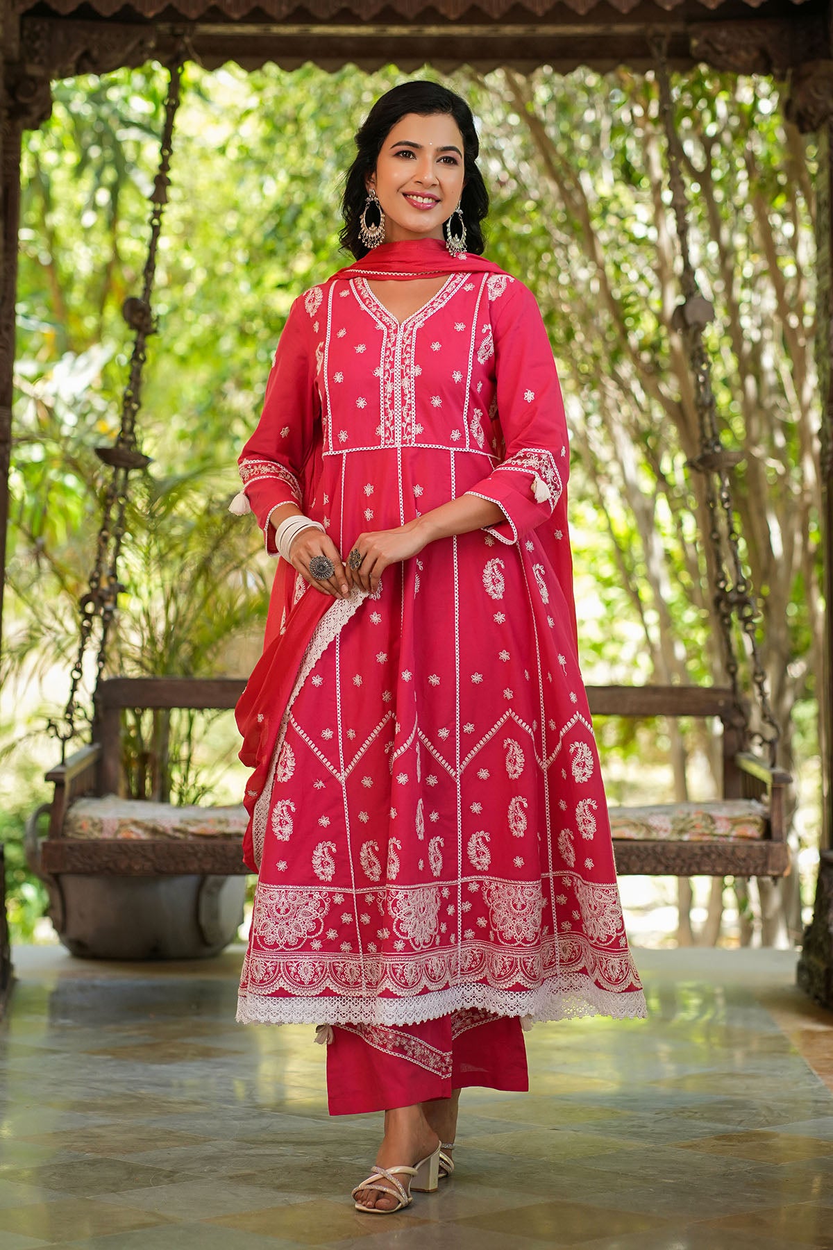 Red Cotton Embroidered Anarkali Suit