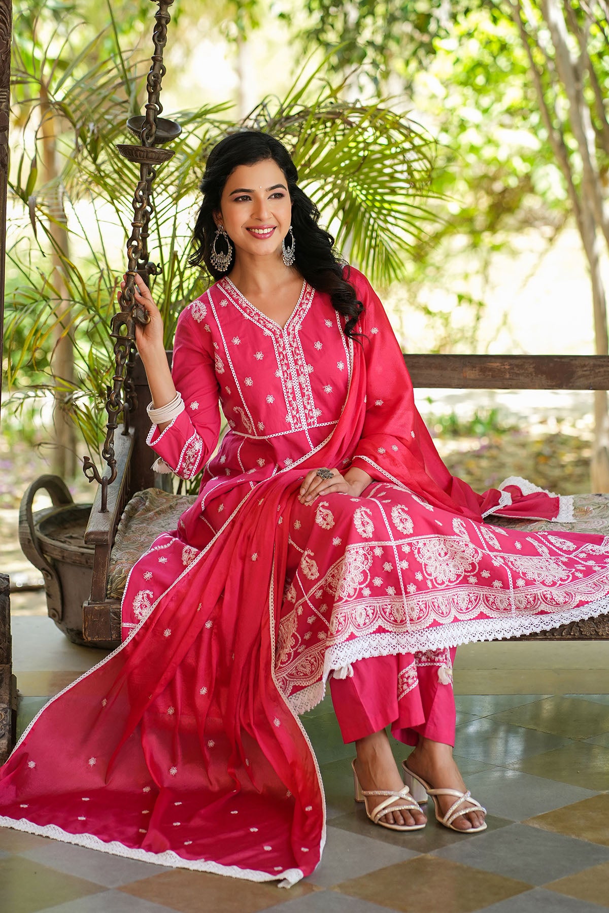 Red Cotton Embroidered Anarkali Suit