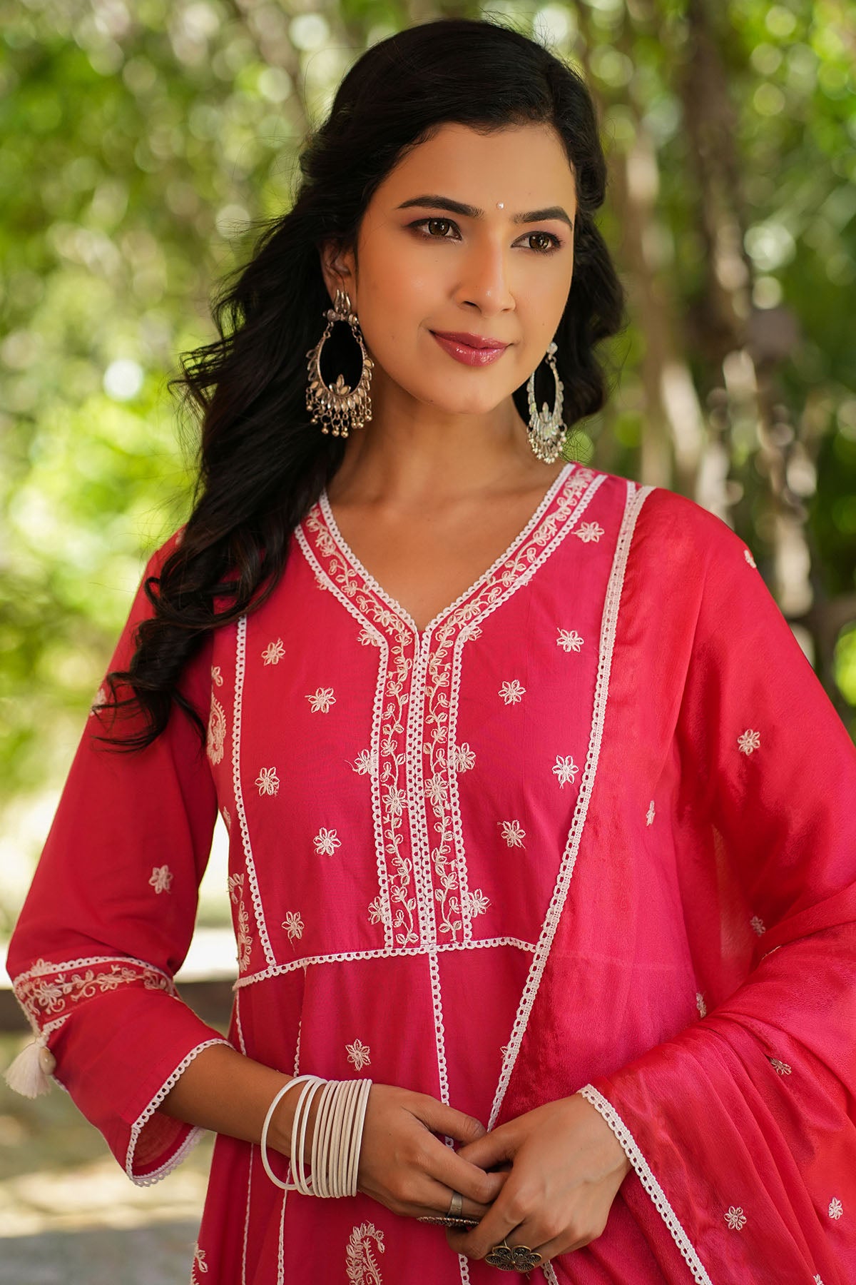 Red Cotton Embroidered Anarkali Suit