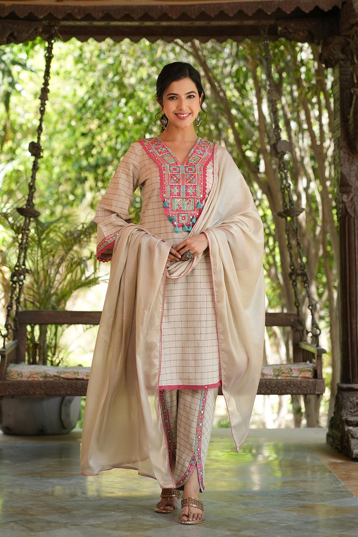 Beige Cotton Embroidered Straight Suit