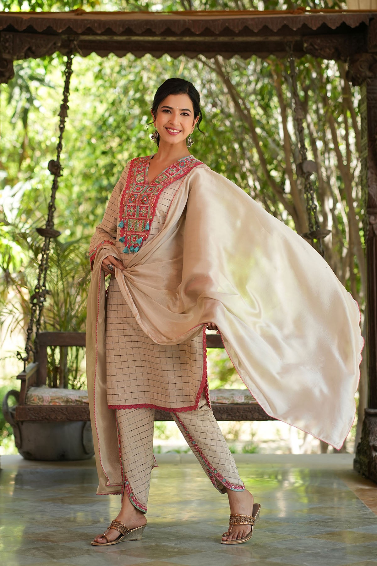 Beige Cotton Embroidered Straight Suit