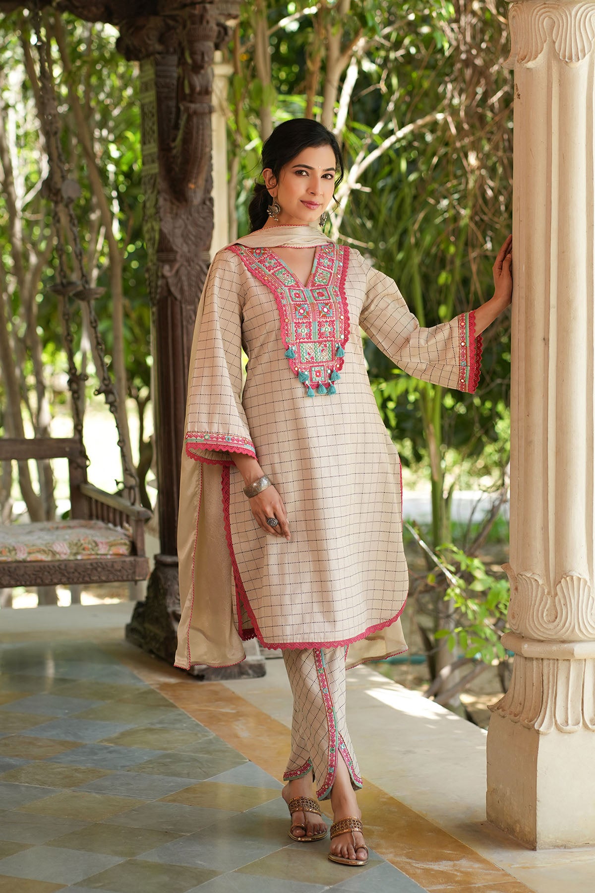 Beige Cotton Embroidered Straight Suit