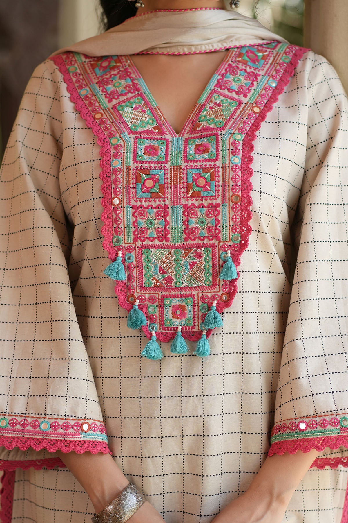 Beige Cotton Embroidered Straight Suit