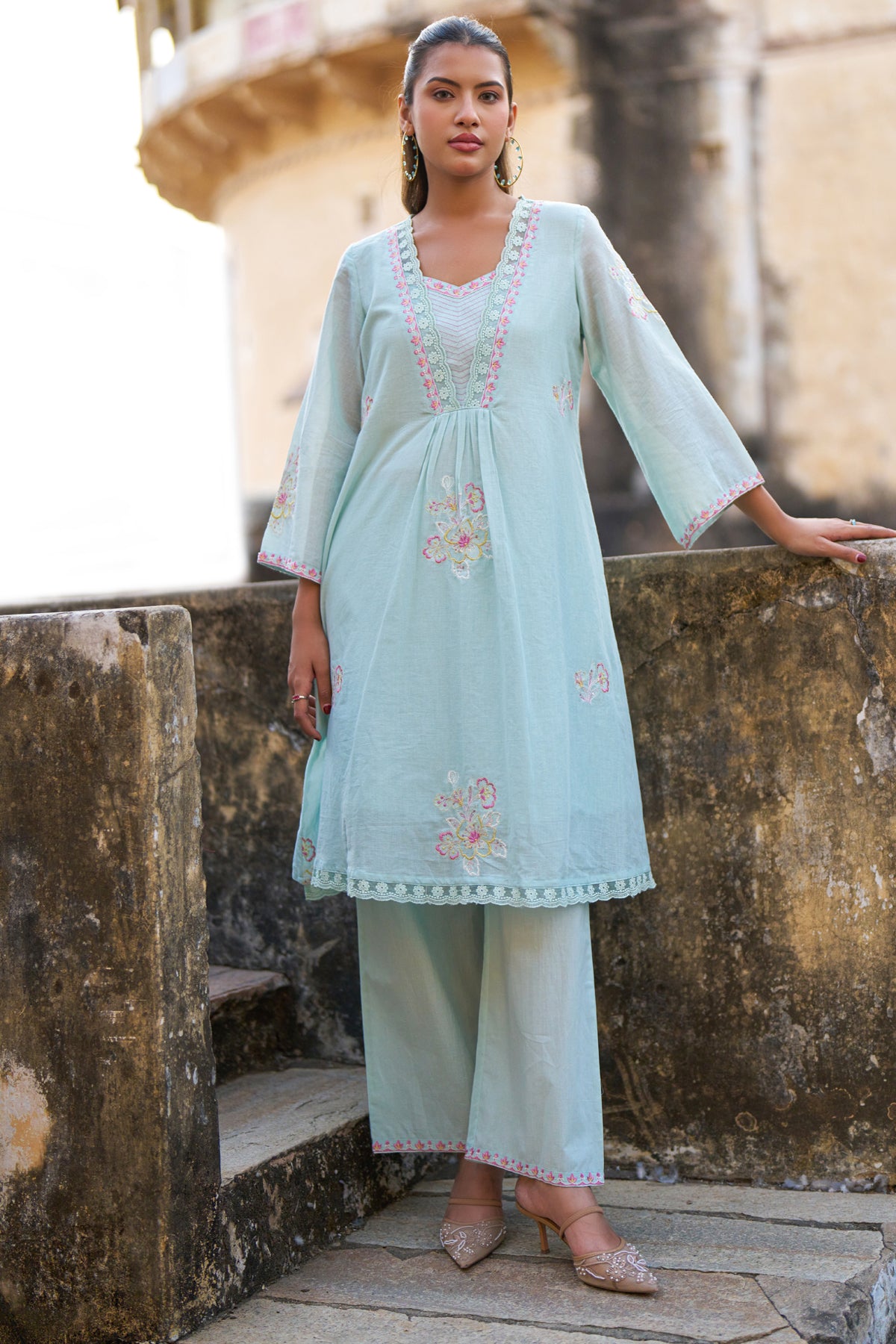 Sky Blue Mul Mul Embroidered Co-ord Set