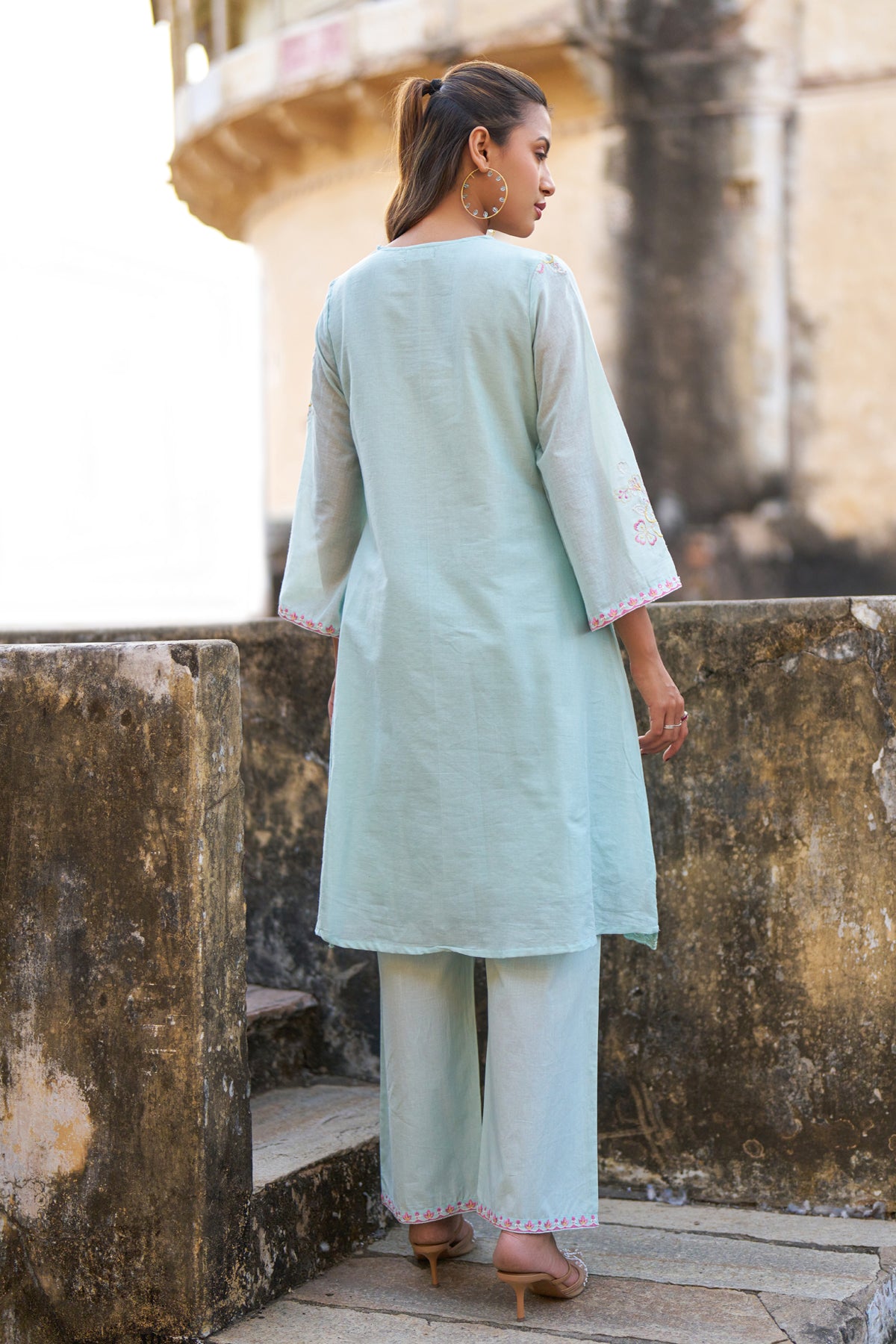 Sky Blue Mul Mul Embroidered Co-ord Set