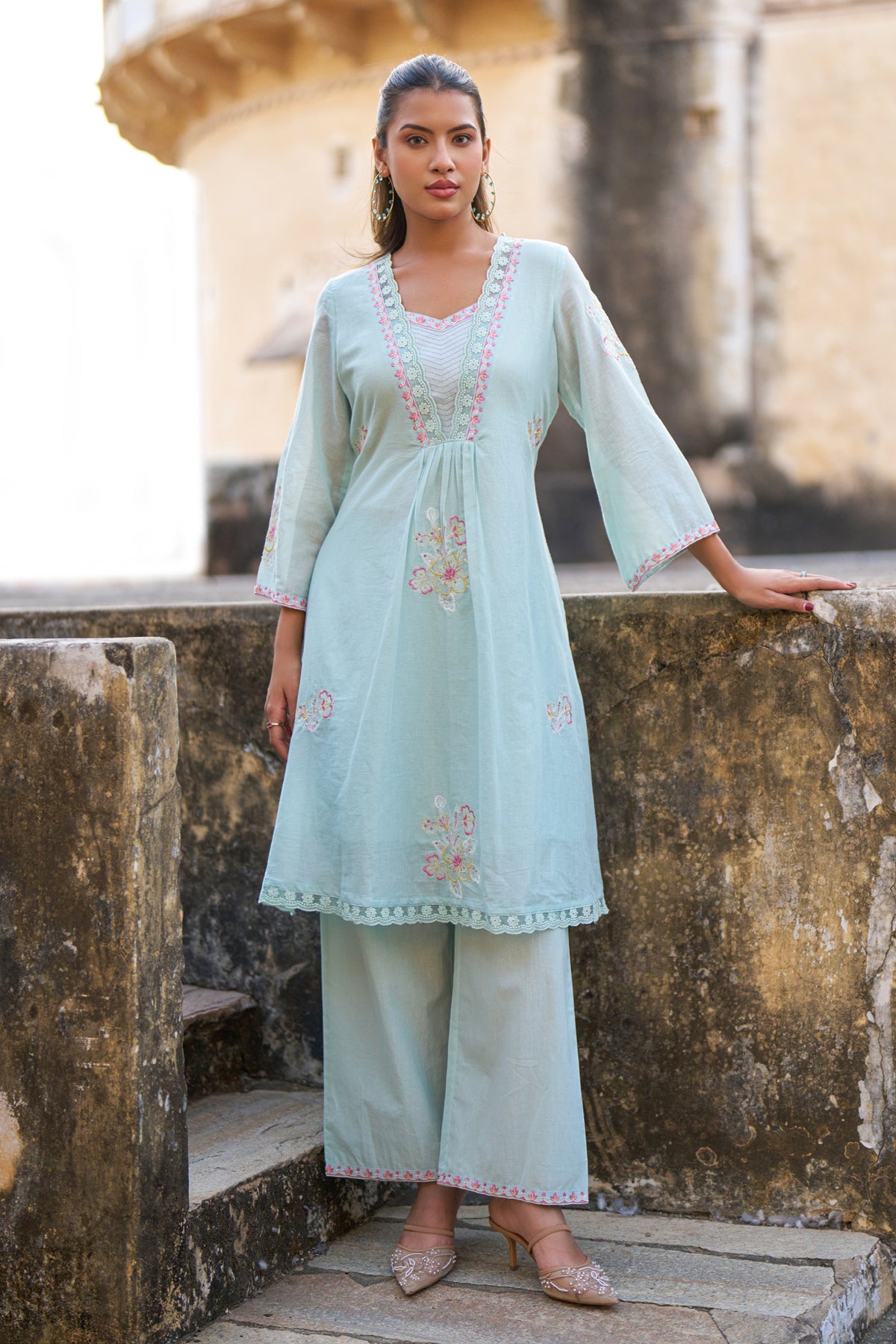 Sky Blue Mul Mul Embroidered Co-ord Set