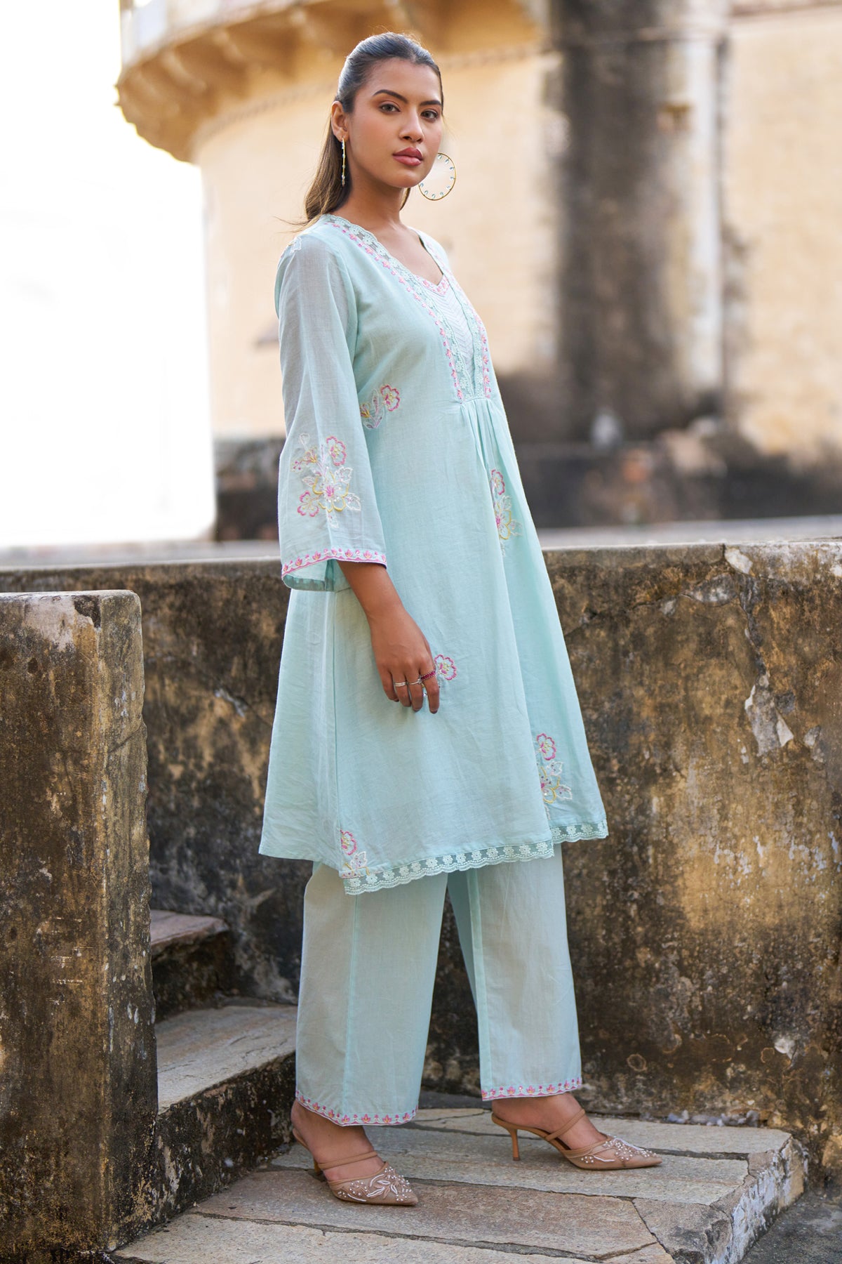 Sky Blue Mul Mul Embroidered Co-ord Set