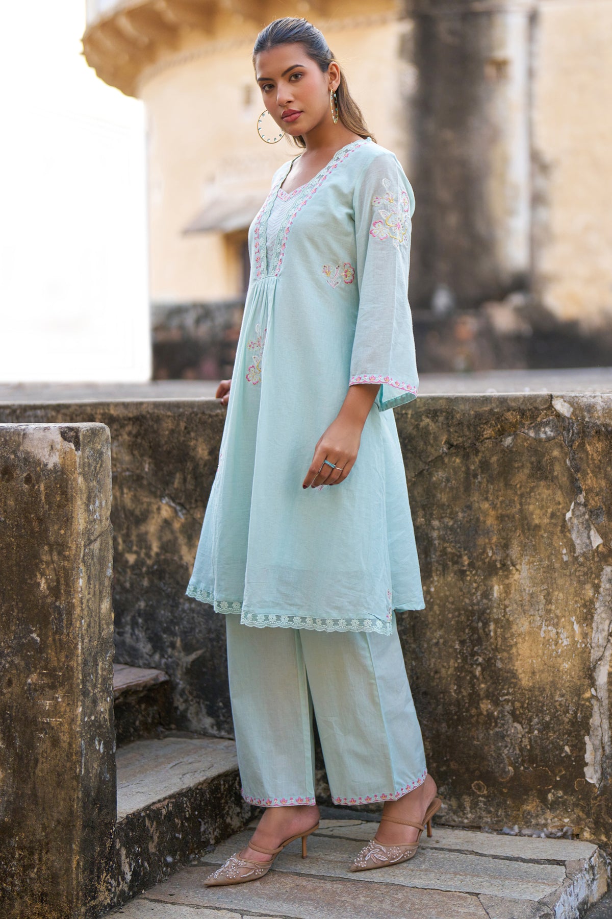 Sky Blue Mul Mul Embroidered Co-ord Set