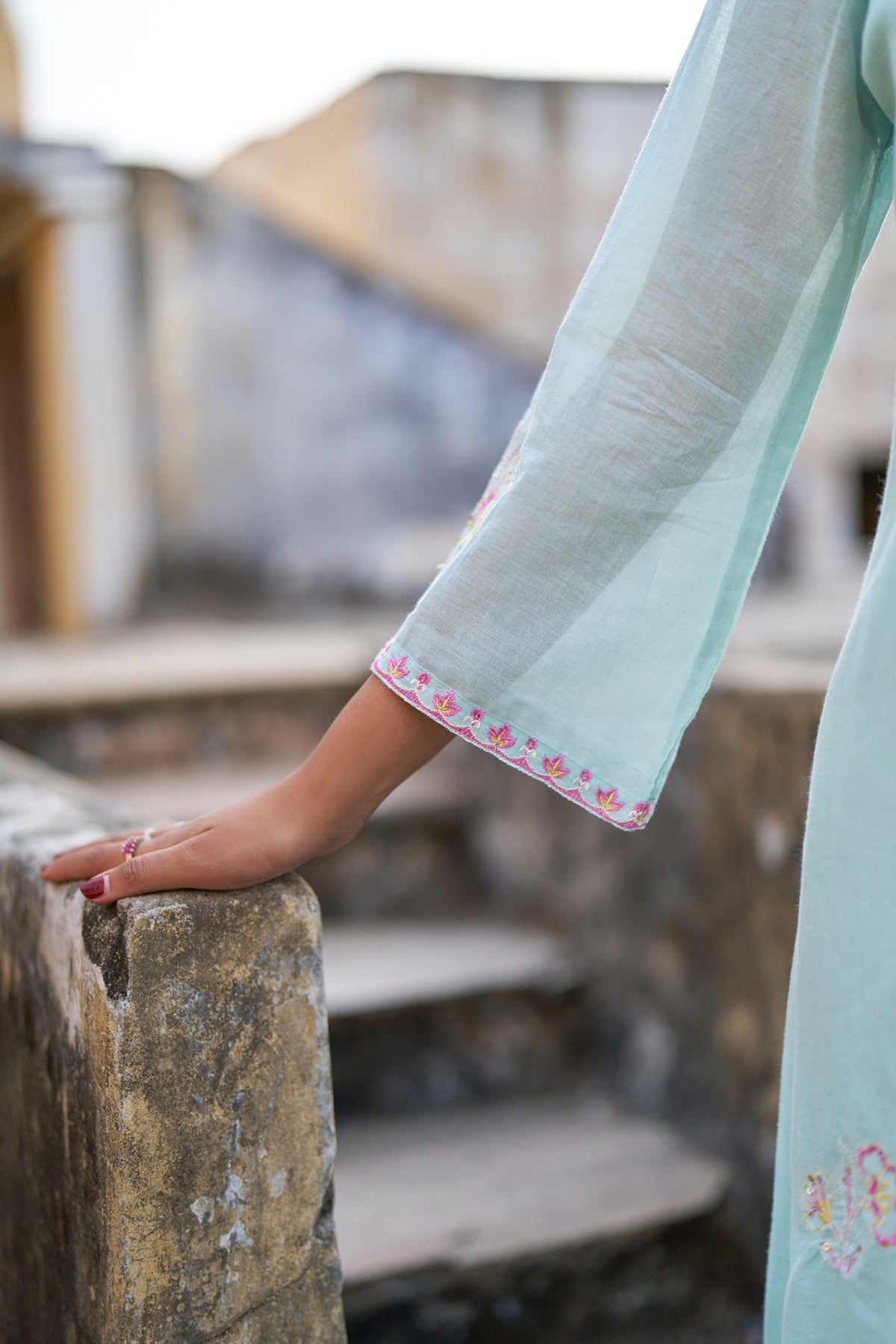 Sky Blue Mul Mul Embroidered Co-ord Set