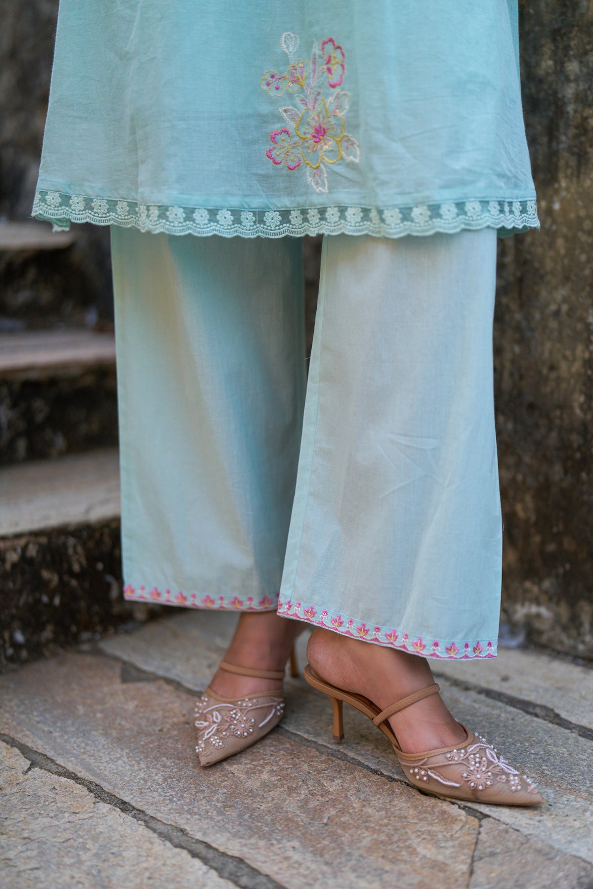 Sky Blue Mul Mul Embroidered Co-ord Set