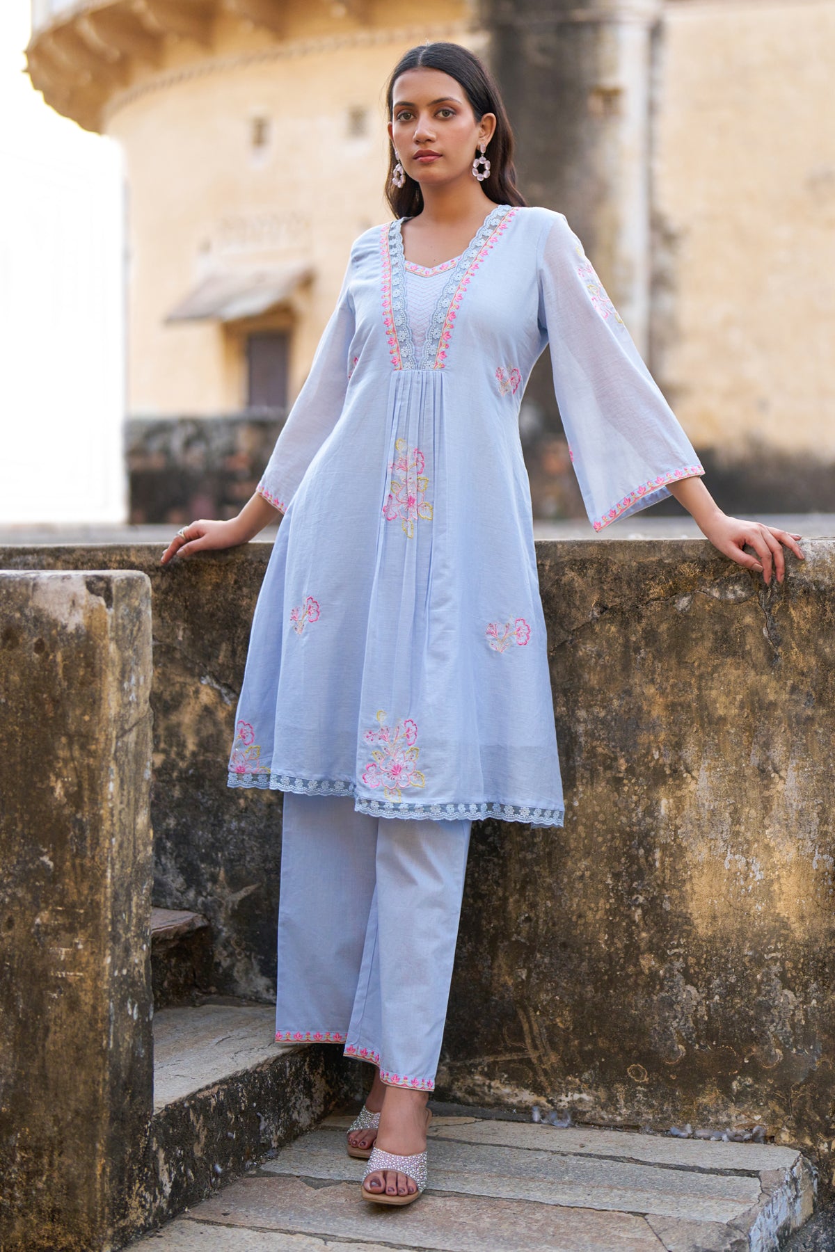 Blue Mul Mul Embroidered Co-ord Set