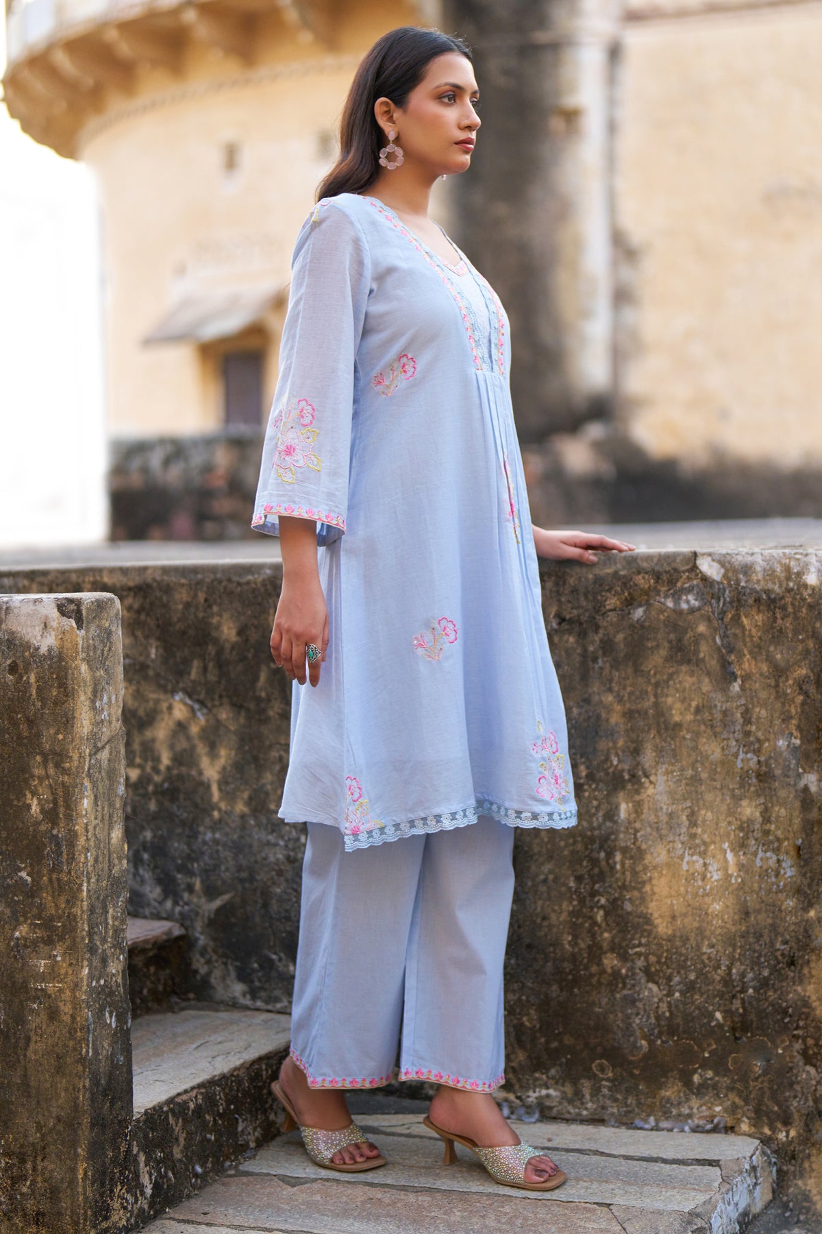Blue Mul Mul Embroidered Co-ord Set