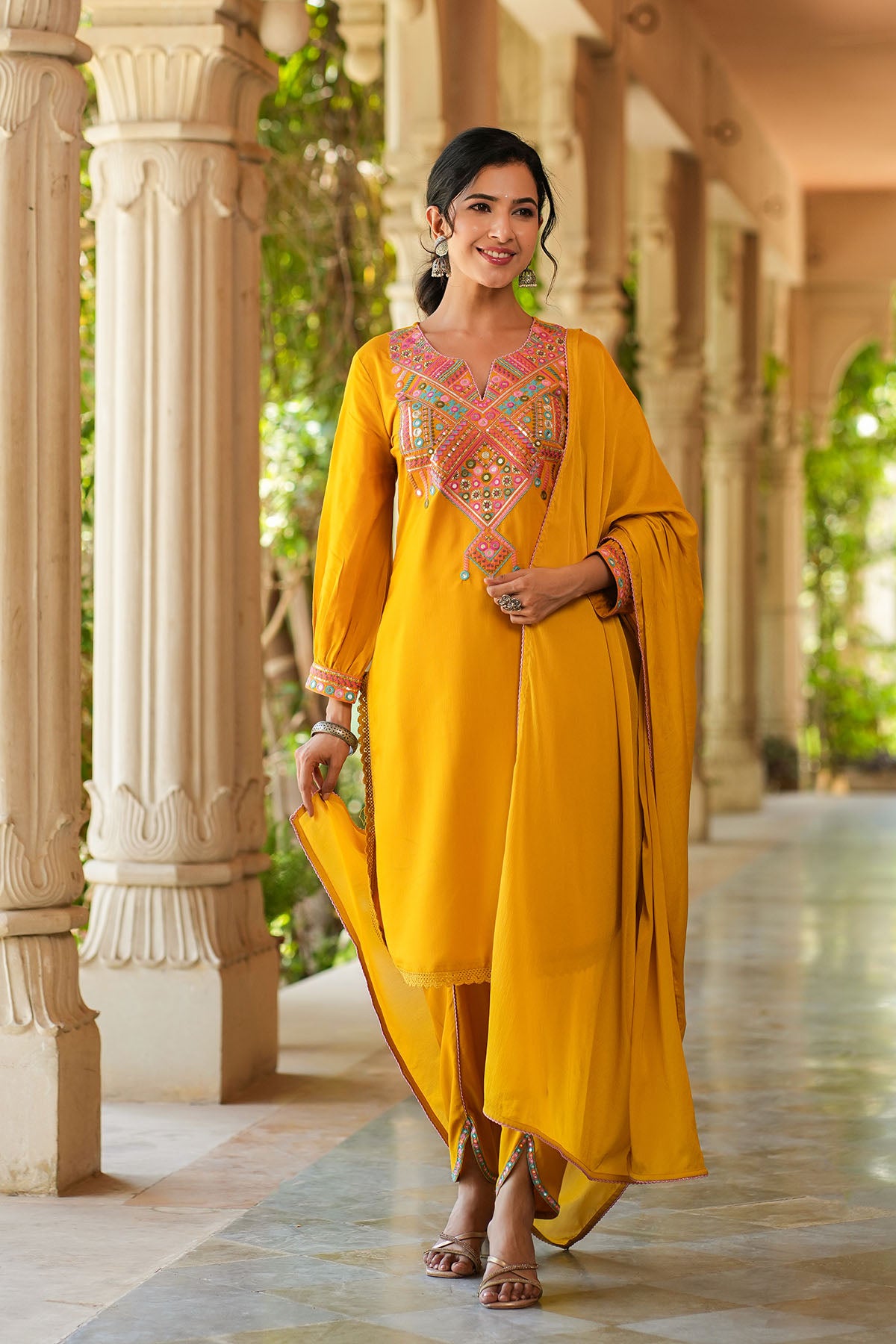 Yellow Cotton Embroidered Straight-Cut Suit