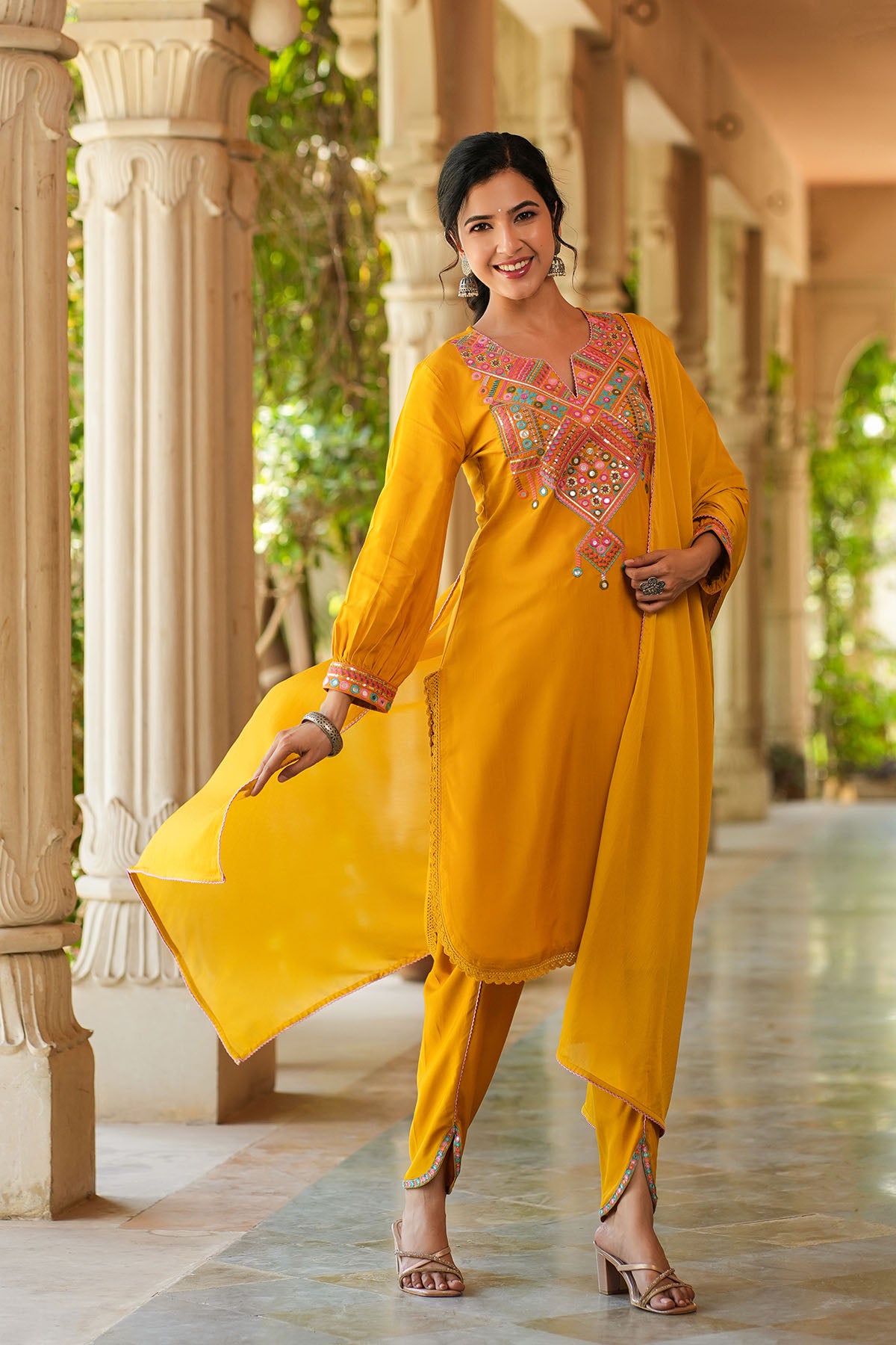 Yellow Cotton Embroidered Straight-Cut Suit