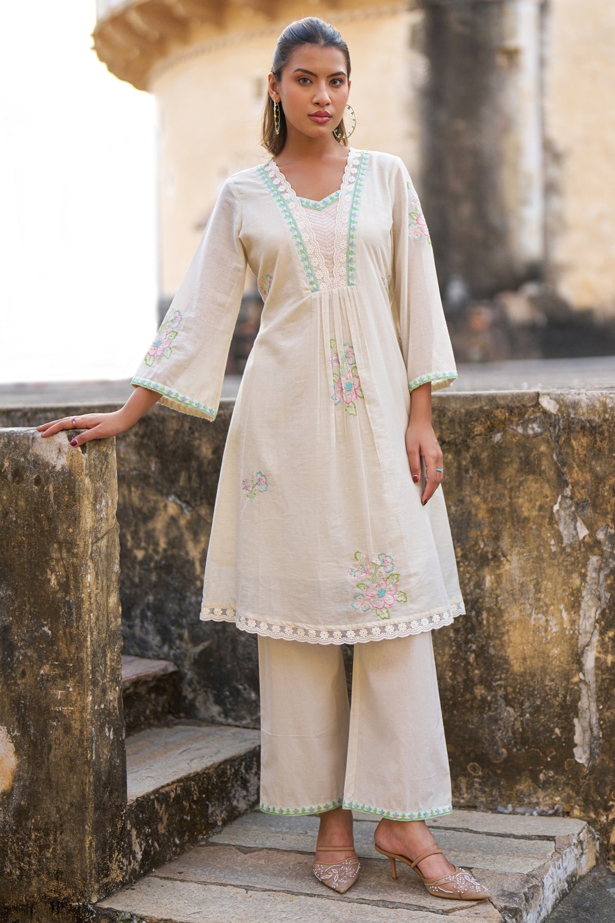 Cream Mul Mul Embroidered Cord Set