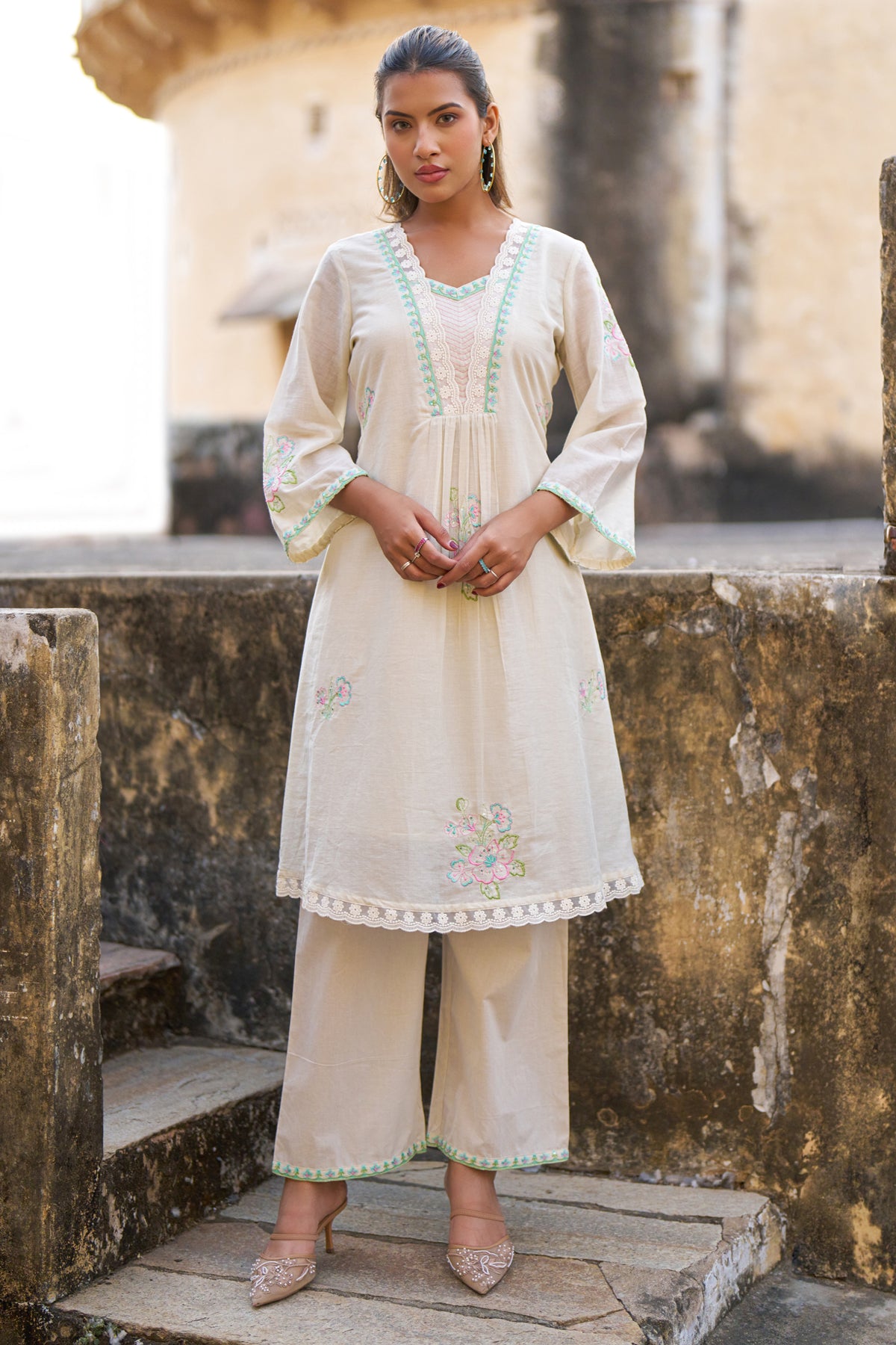 Cream Mul Mul Embroidered Cord Set