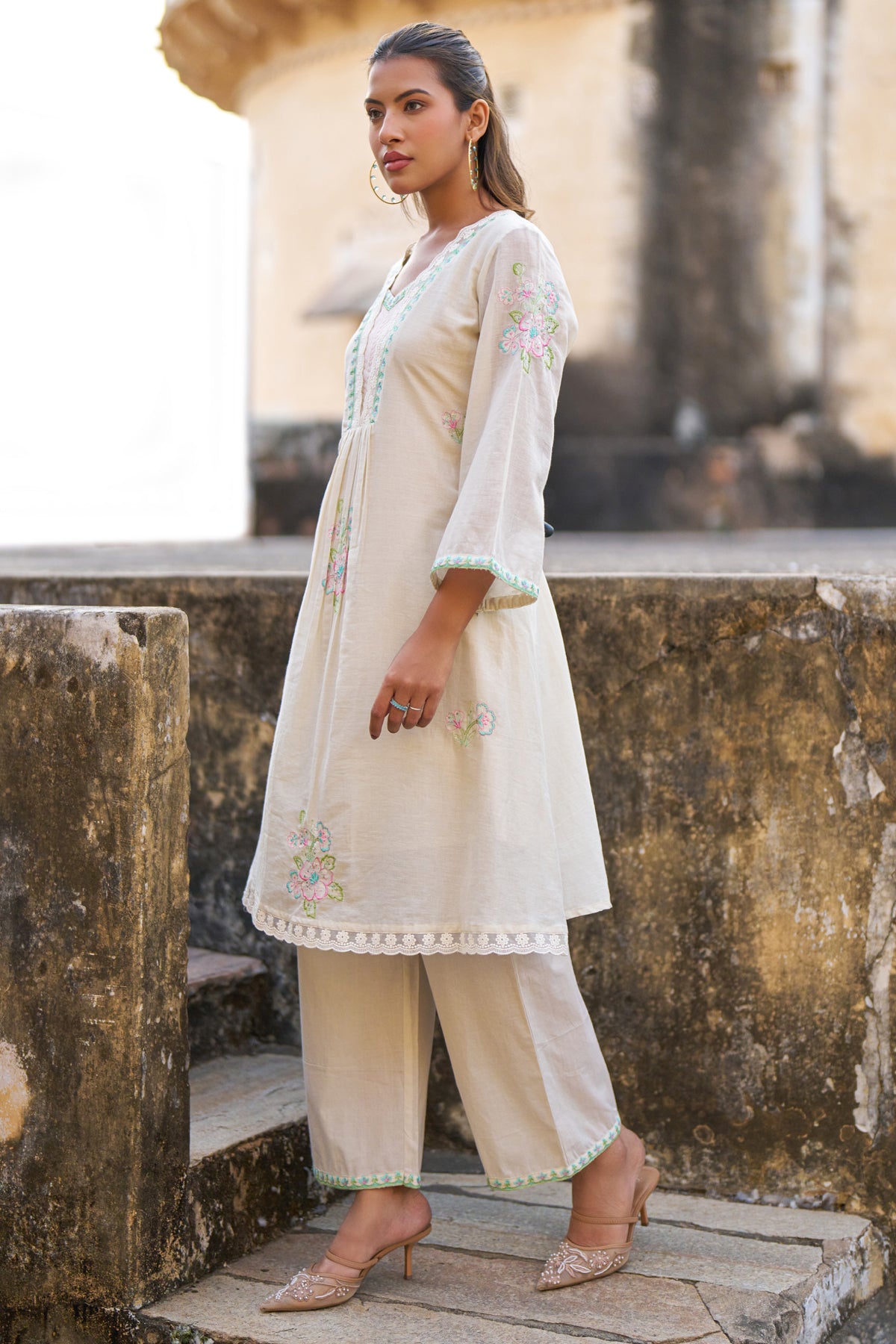 Cream Mul Mul Embroidered Cord Set