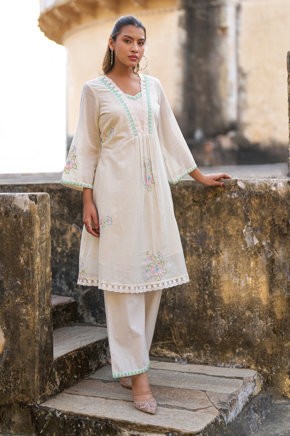 Cream Mul Mul Embroidered Cord Set