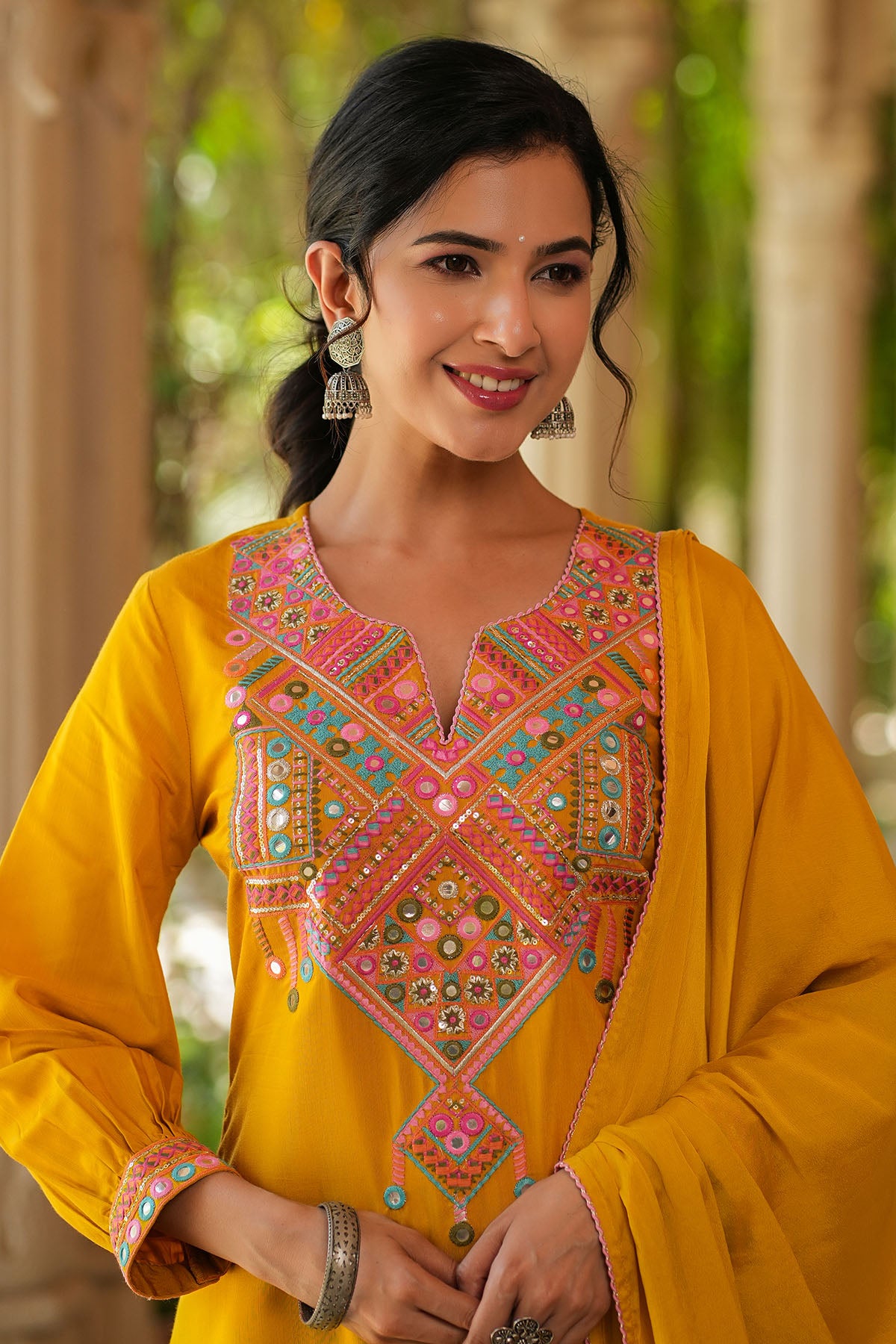 Yellow Cotton Embroidered Straight-Cut Suit