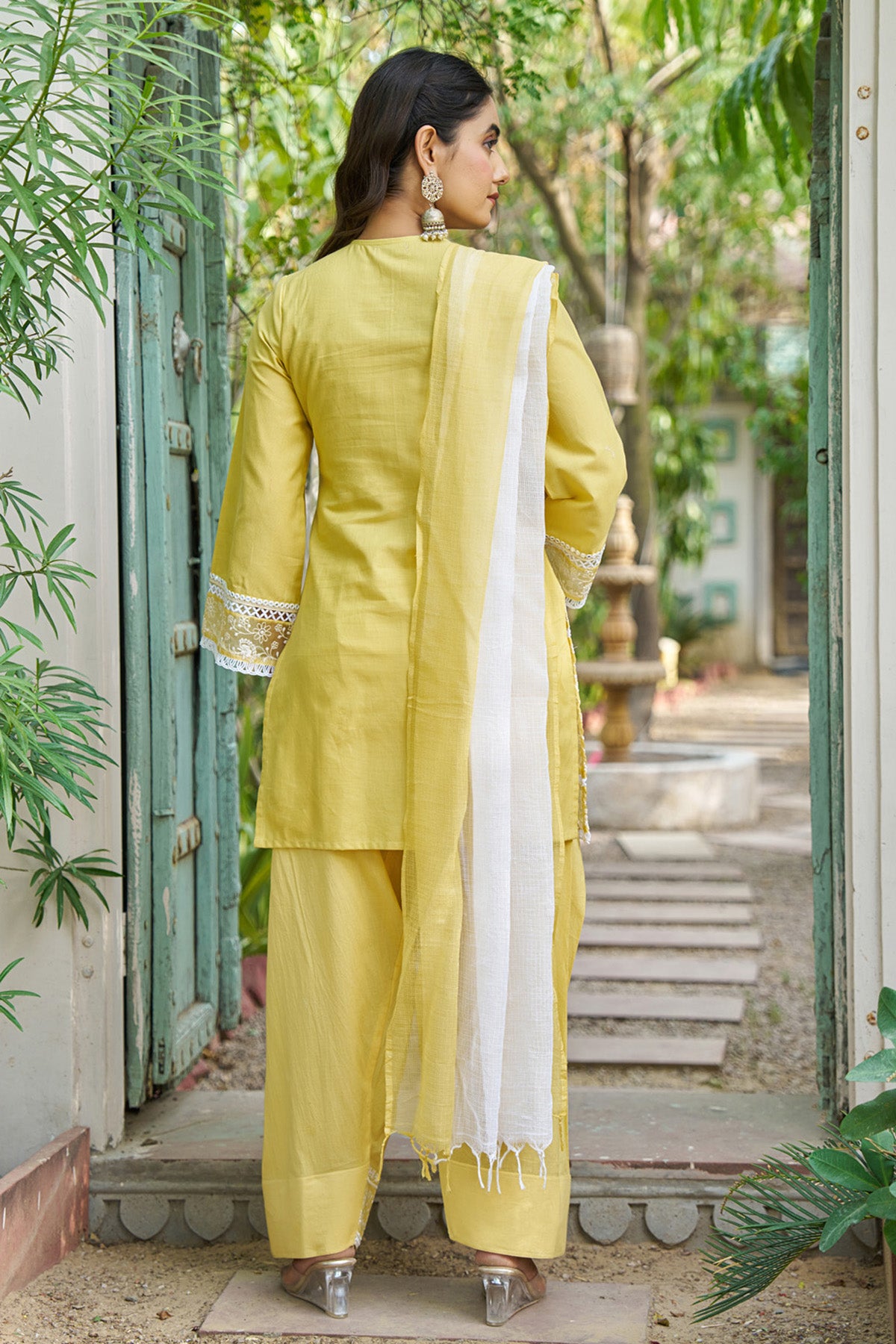 Yellow cotton embroidered Farshi Suit Set With Dupatta