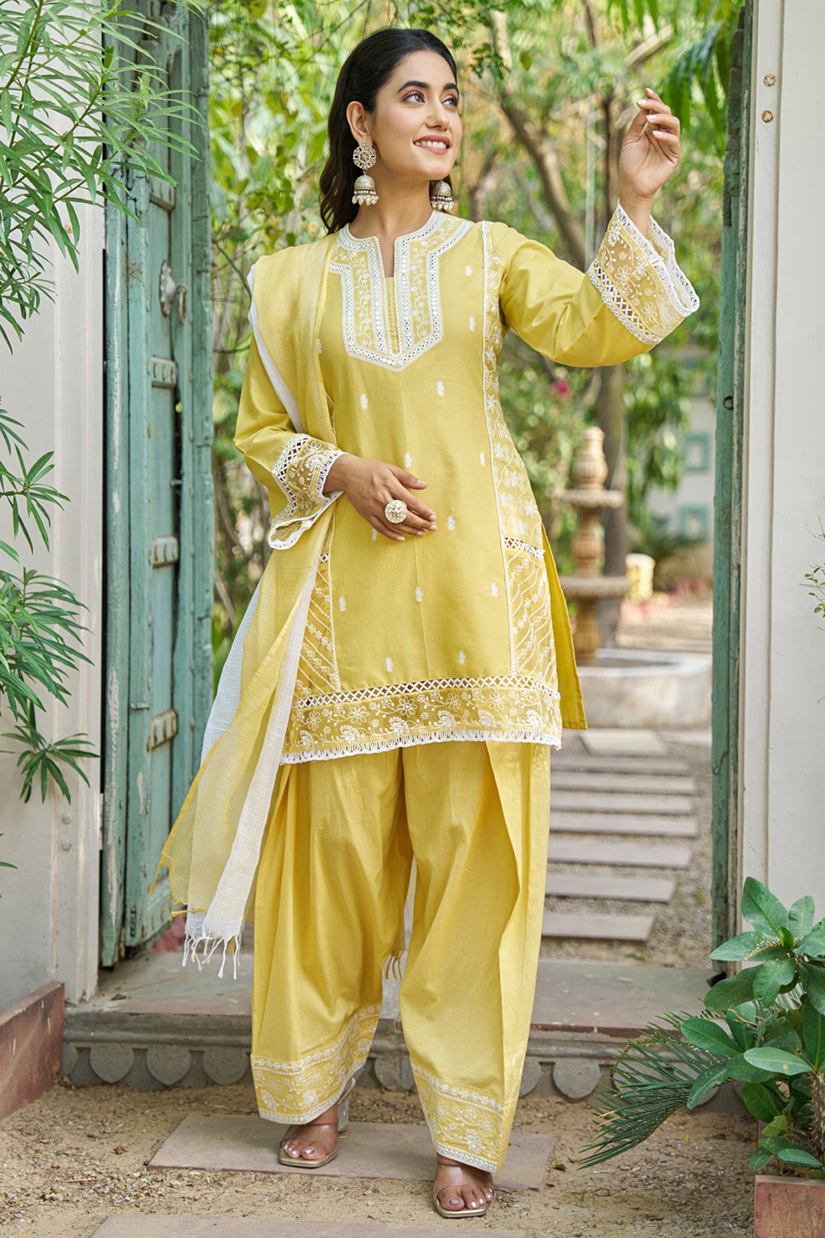 Yellow cotton embroidered Farshi Suit Set With Dupatta