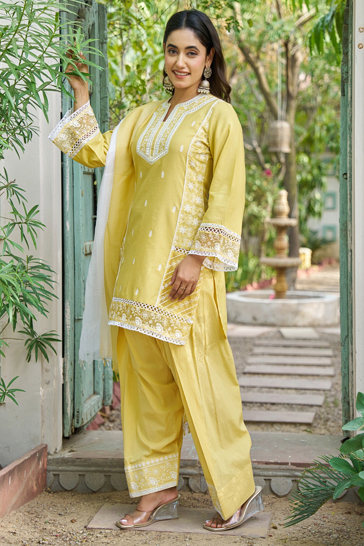 Yellow cotton embroidered Farshi Suit Set With Dupatta