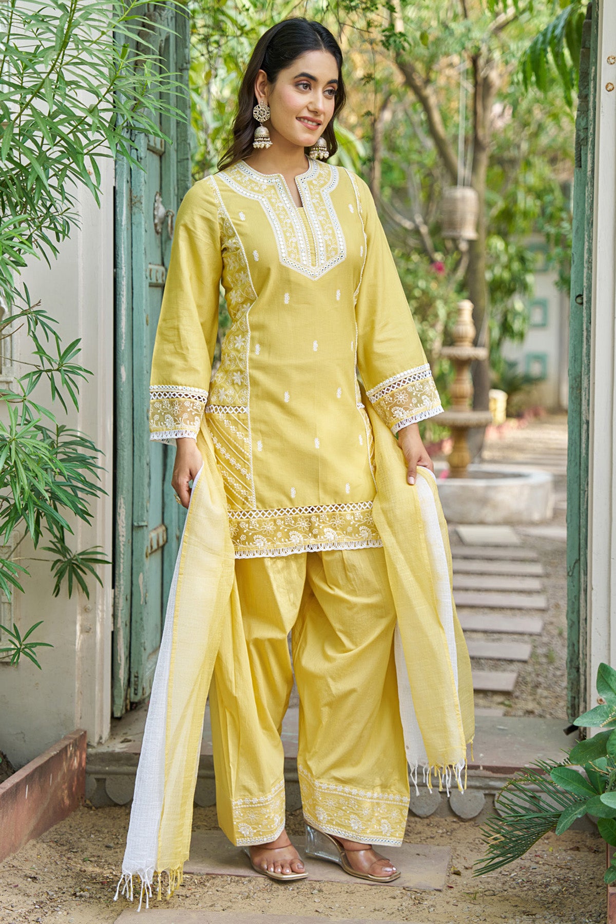 Yellow cotton embroidered Farshi Suit Set With Dupatta