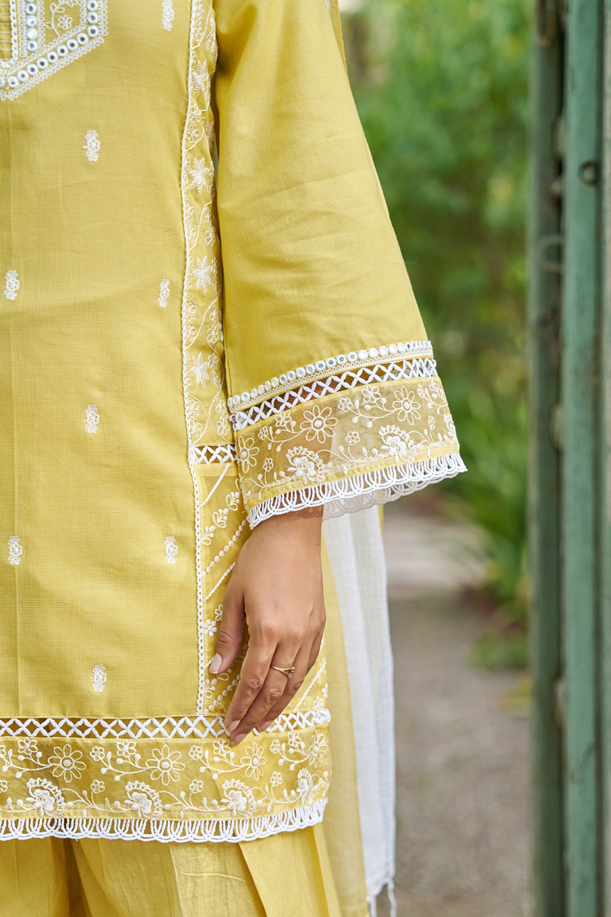 Yellow cotton embroidered Farshi Suit Set With Dupatta