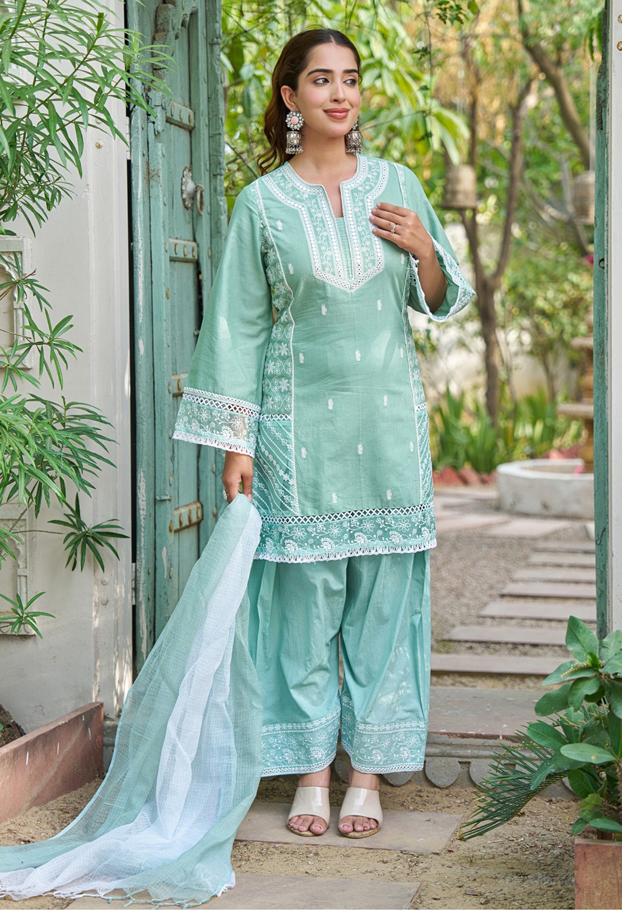 Sky Blue cotton embroidered Farshi Suit Set With Dupatta