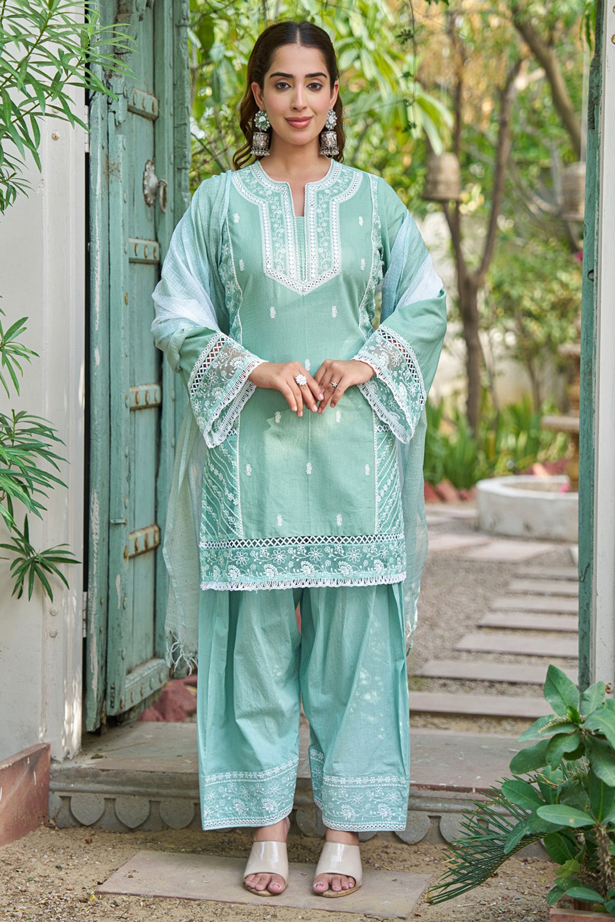 Sky Blue cotton embroidered Farshi Suit Set With Dupatta