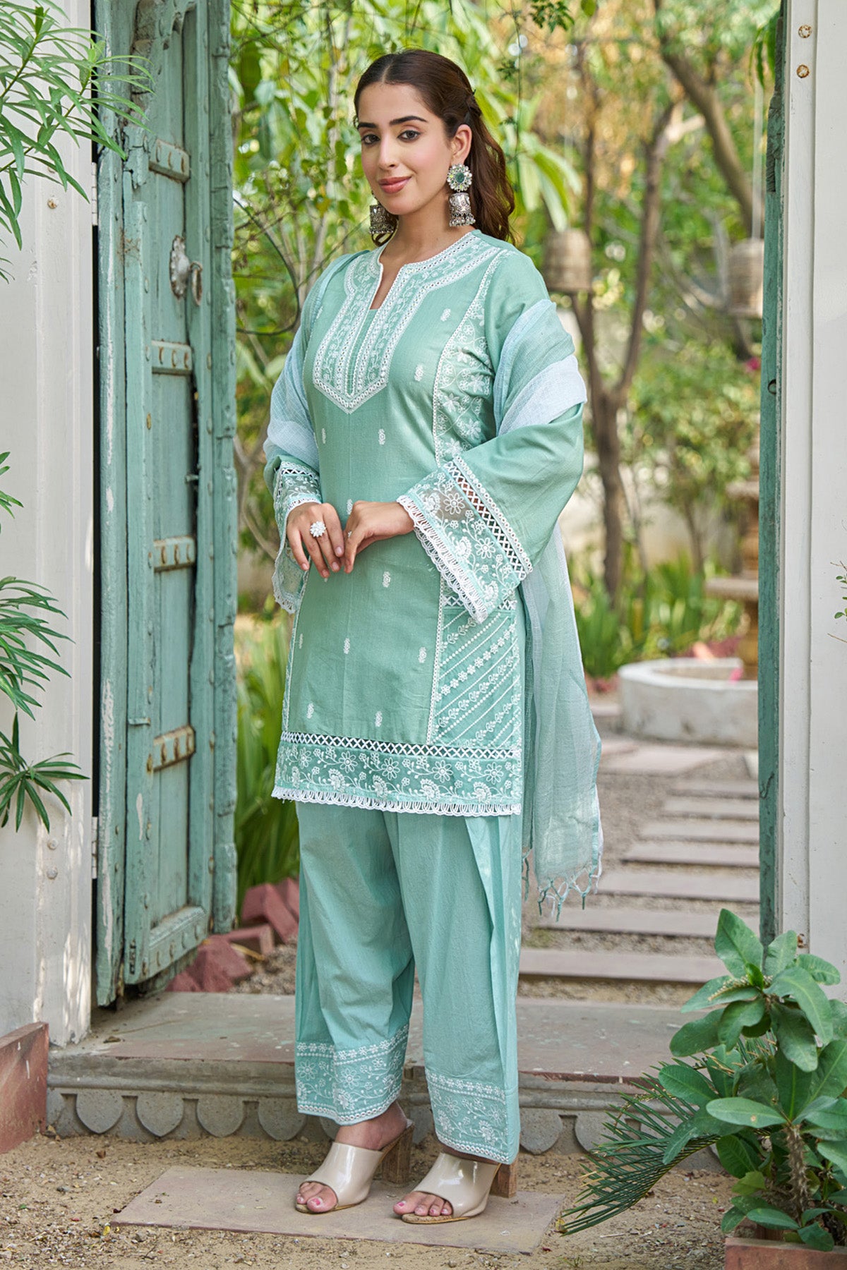 Sky Blue cotton embroidered Farshi Suit Set With Dupatta