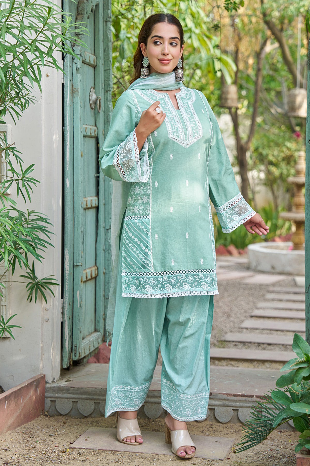 Sky Blue cotton embroidered Farshi Suit Set With Dupatta