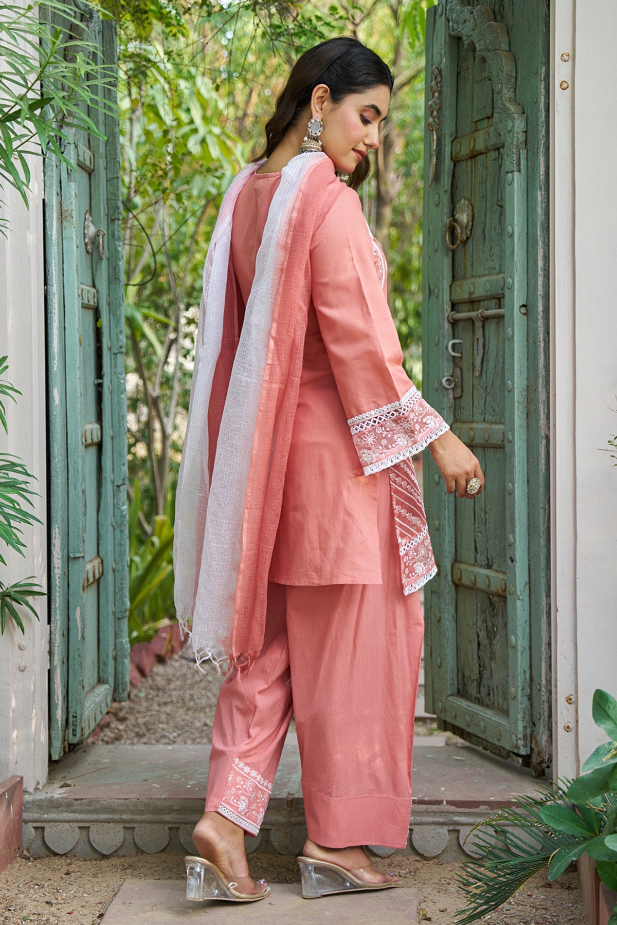 Pink cotton embroidered Farshi Suit Set With Dupatta