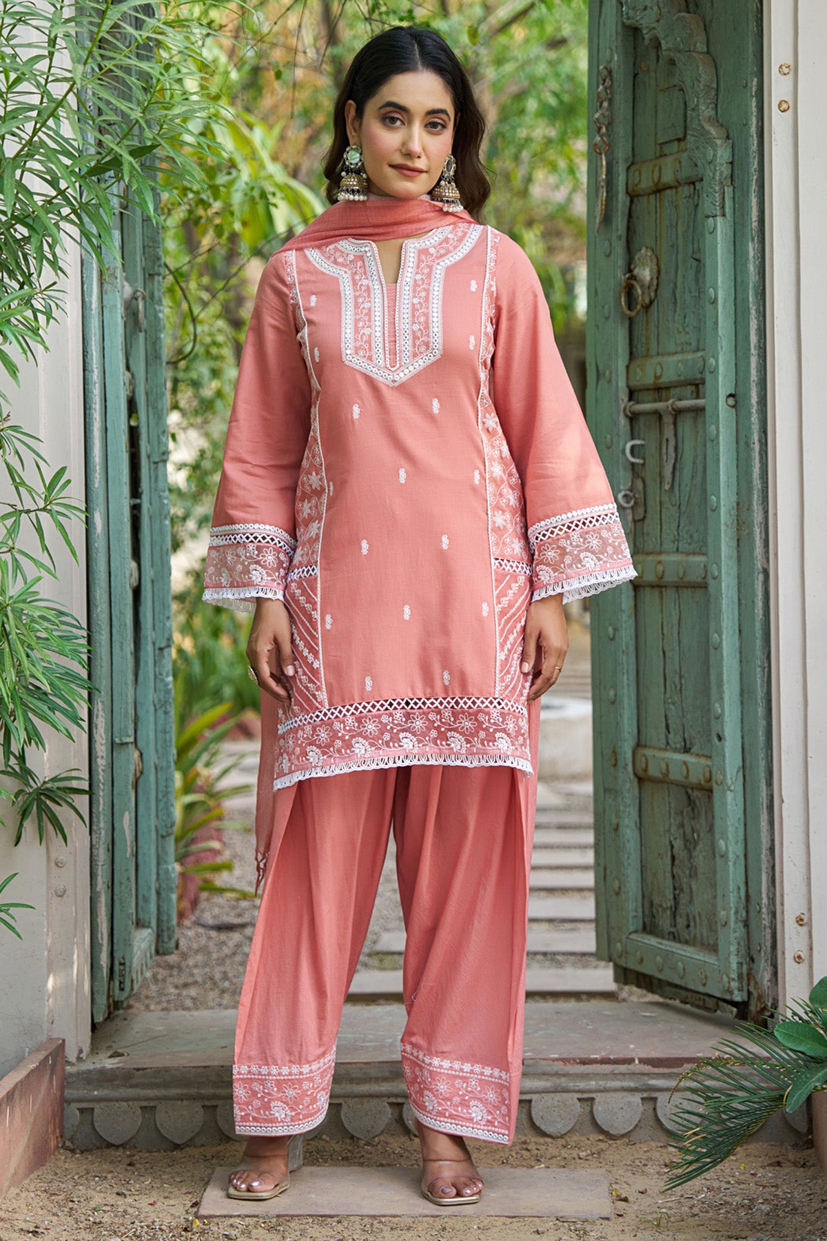 Pink cotton embroidered Farshi Suit Set With Dupatta