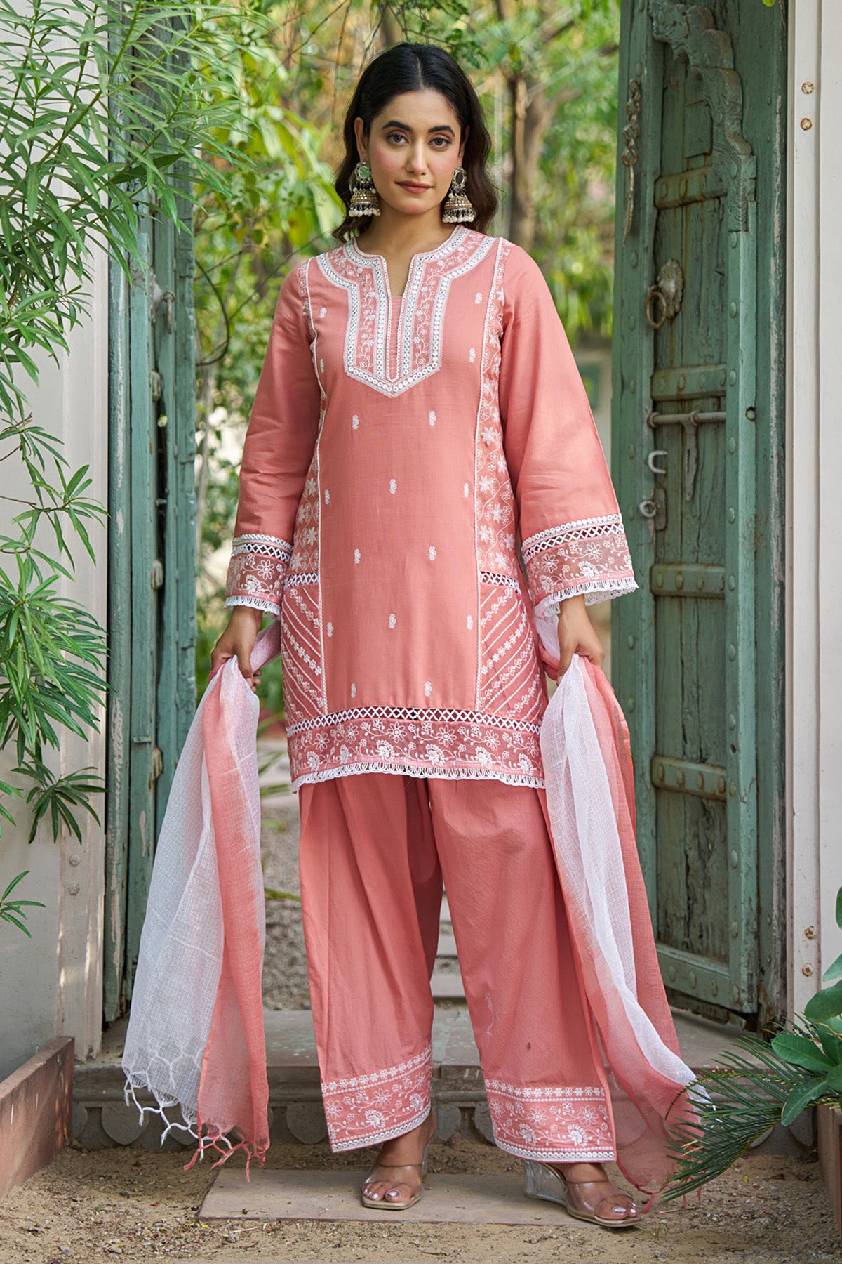 Pink cotton embroidered Farshi Suit Set With Dupatta
