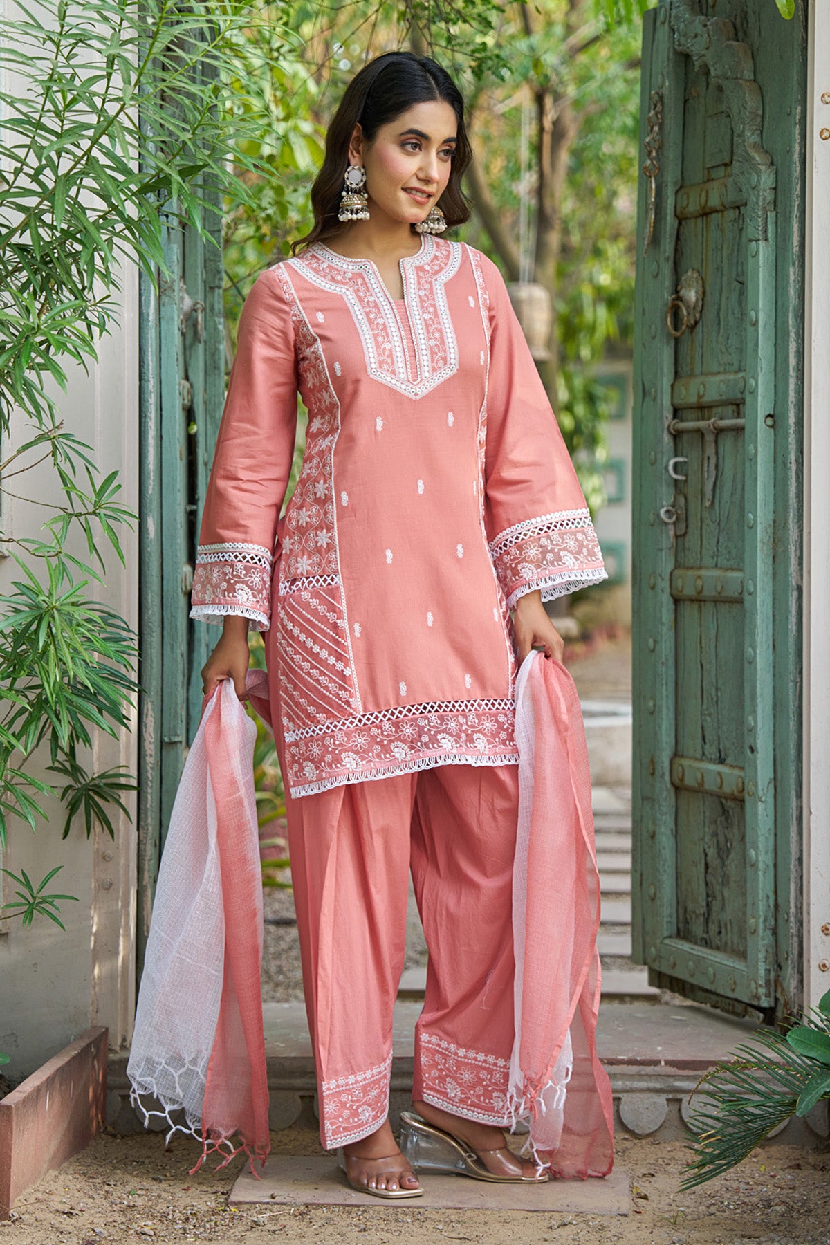 Pink cotton embroidered Farshi Suit Set With Dupatta