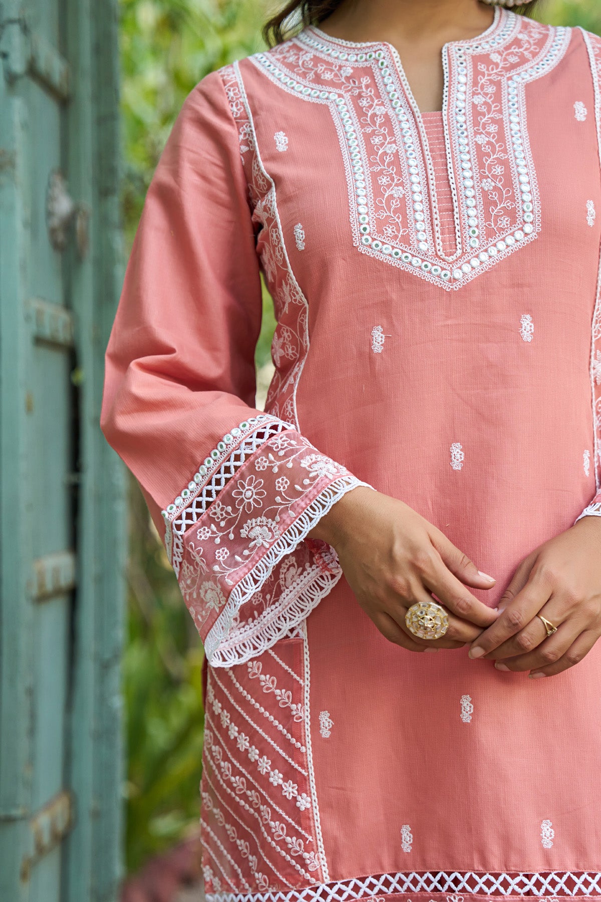 Pink cotton embroidered Farshi Suit Set With Dupatta