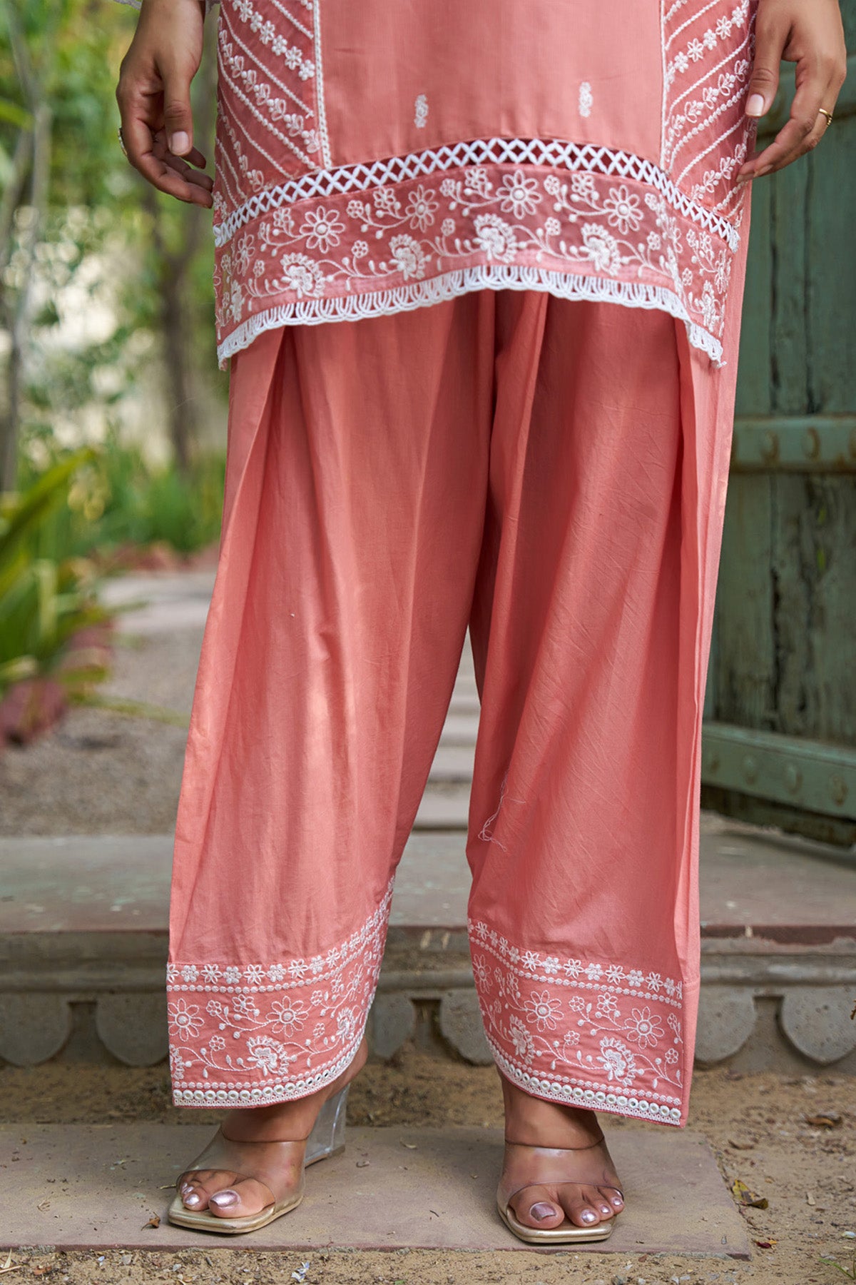 Pink cotton embroidered Farshi Suit Set With Dupatta