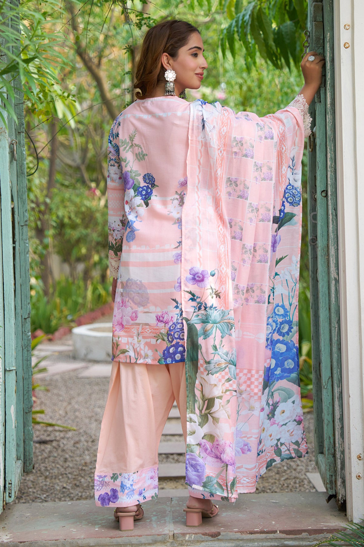 Peach cotton embroidered Farshi Suit Set With Dupatta