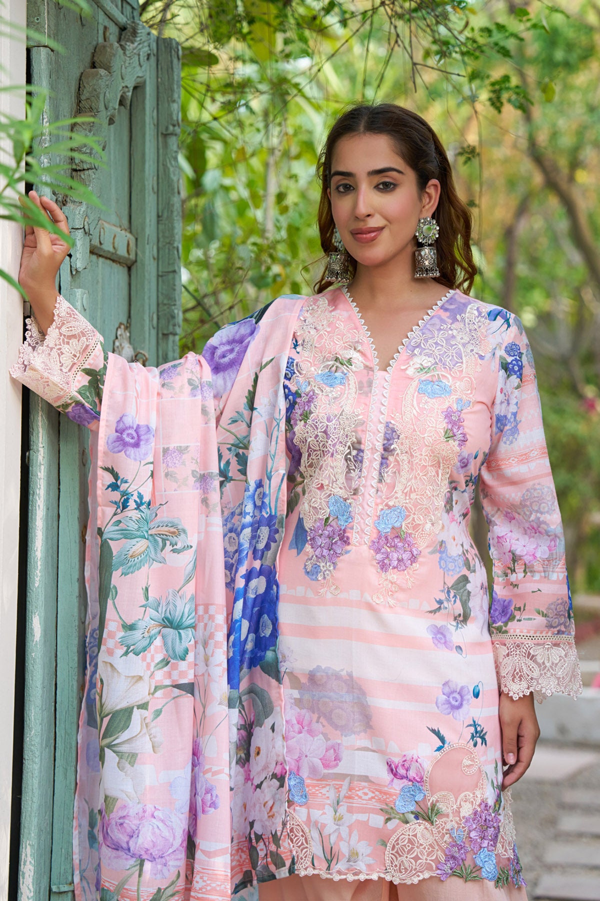 Peach cotton embroidered Farshi Suit Set With Dupatta