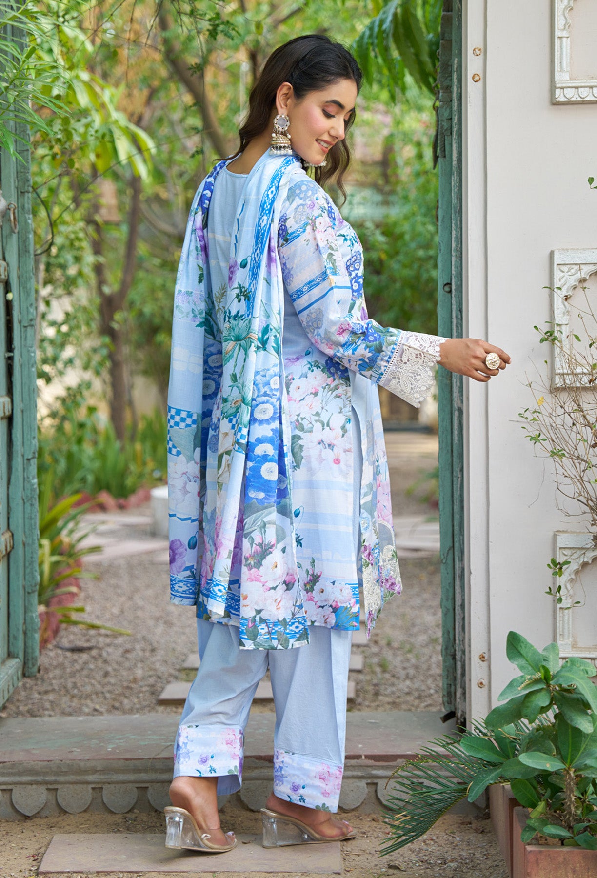 Blue cotton embroidered Farshi Suit Set With Dupatta