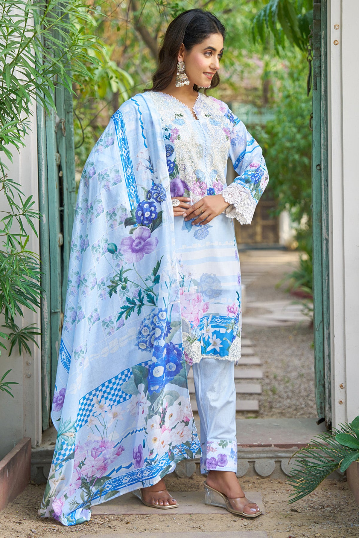 Blue cotton embroidered Farshi Suit Set With Dupatta