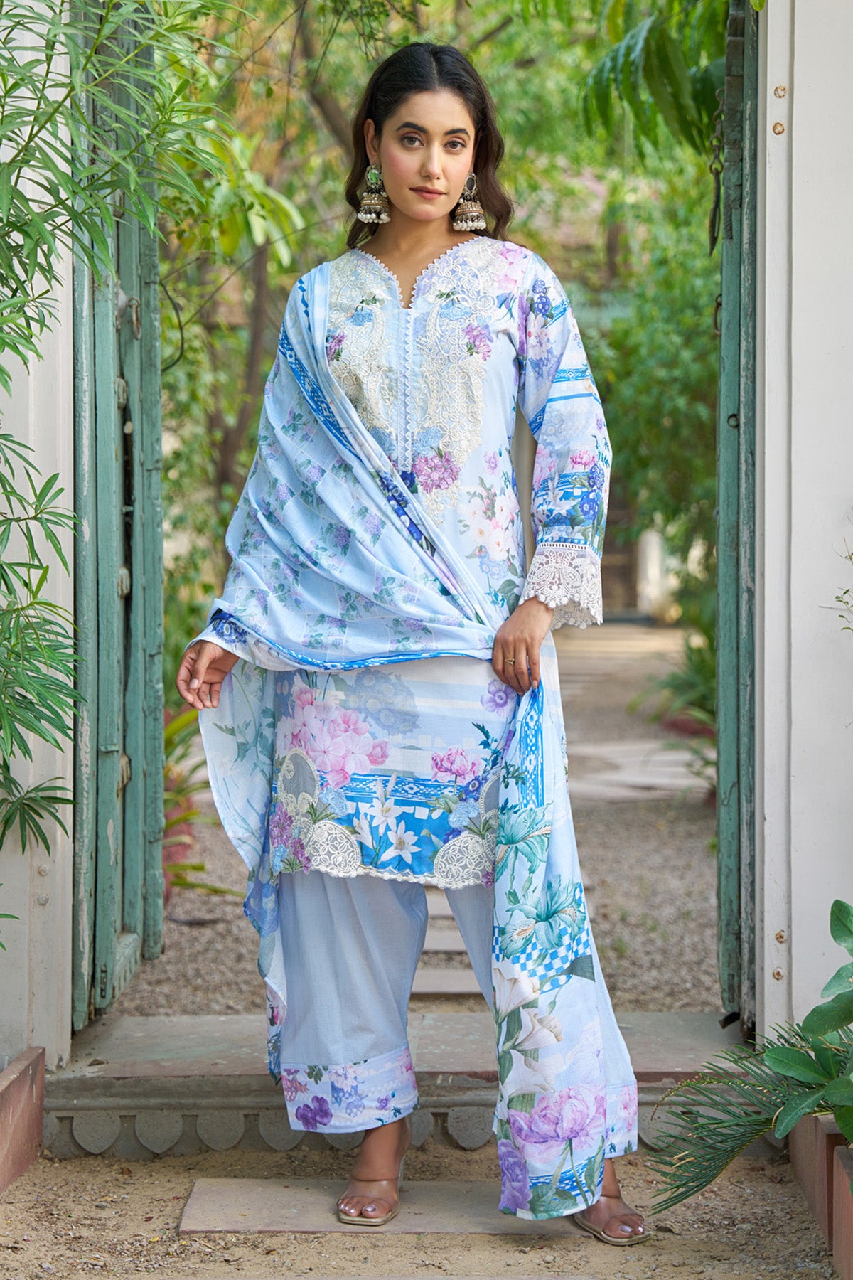 Blue cotton embroidered Farshi Suit Set With Dupatta