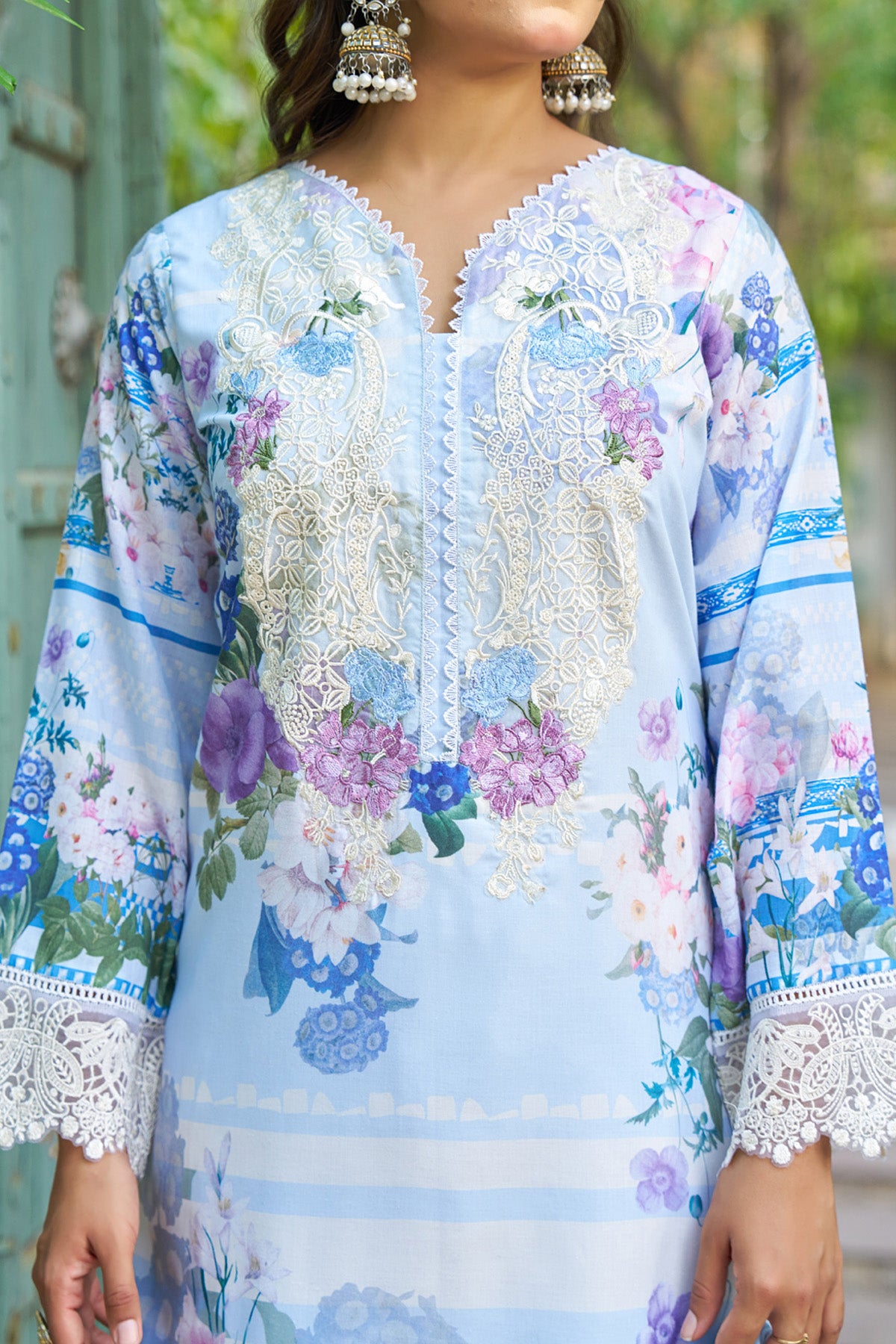 Blue cotton embroidered Farshi Suit Set With Dupatta